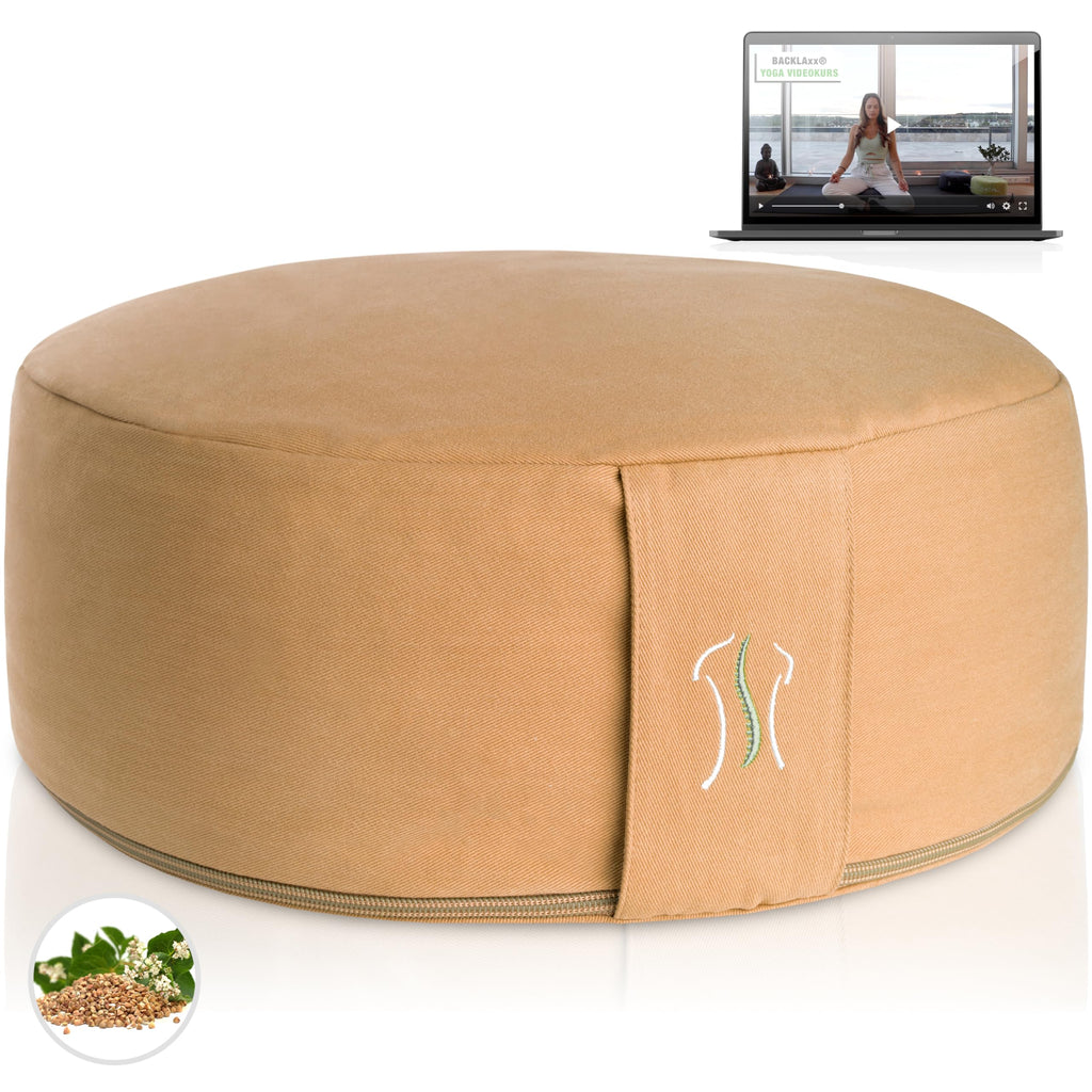 BACKLAXX ® Yoga Kissen, Meditationskissen XL Ø35cm [30% mehr Sitzfläche], 15cm hoch mit Buchweizenfüllung, perfektes Meditation Zubehör, Yogakissen rund inkl. Videokurs - Pouf Sitzkissen Boden