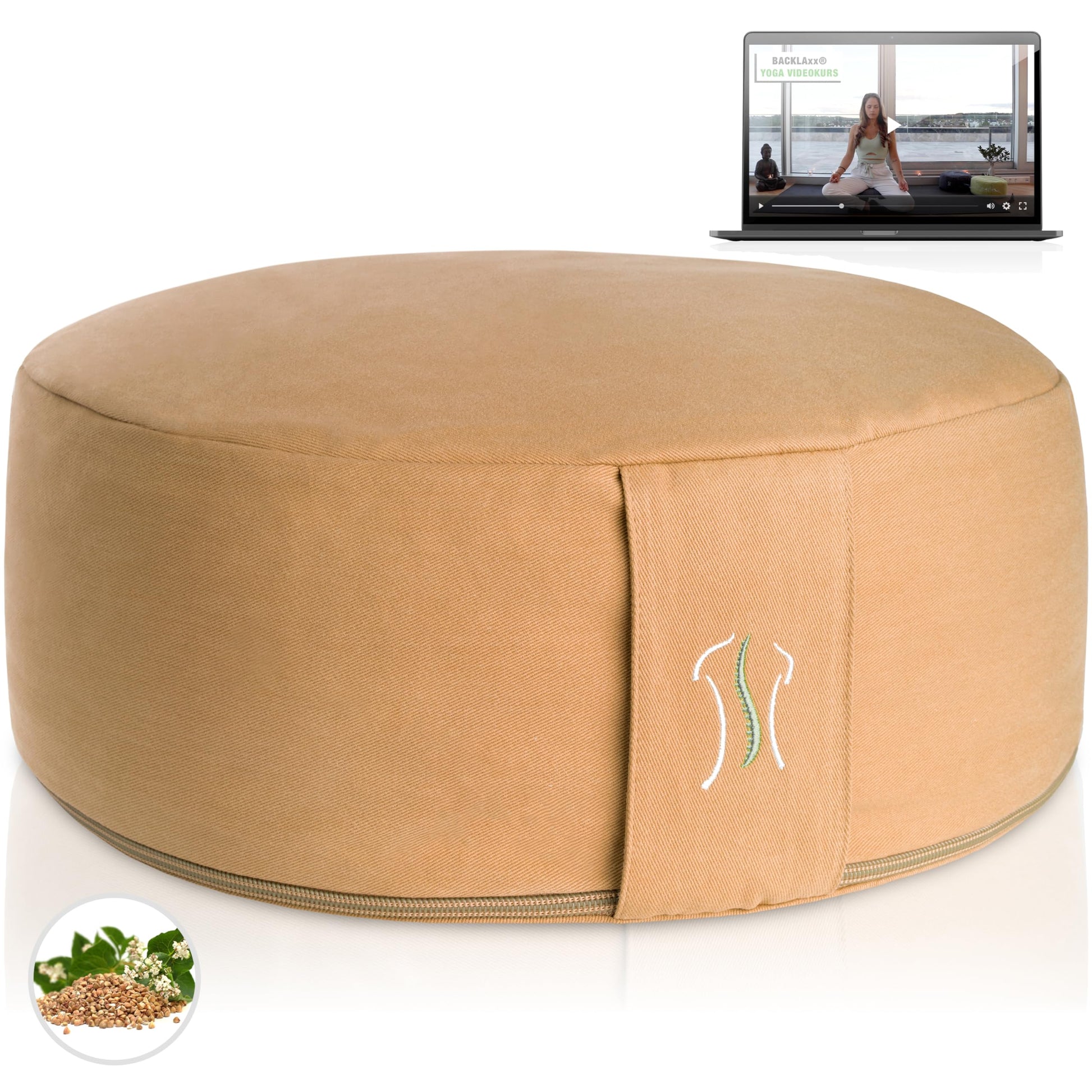 BACKLAXX ® Yoga Kissen, Meditationskissen XL Ø35cm [30% mehr Sitzfläche], 15cm hoch mit Buchweizenfüllung, perfektes Meditation Zubehör, Yogakissen rund inkl. Videokurs - Pouf Sitzkissen Boden