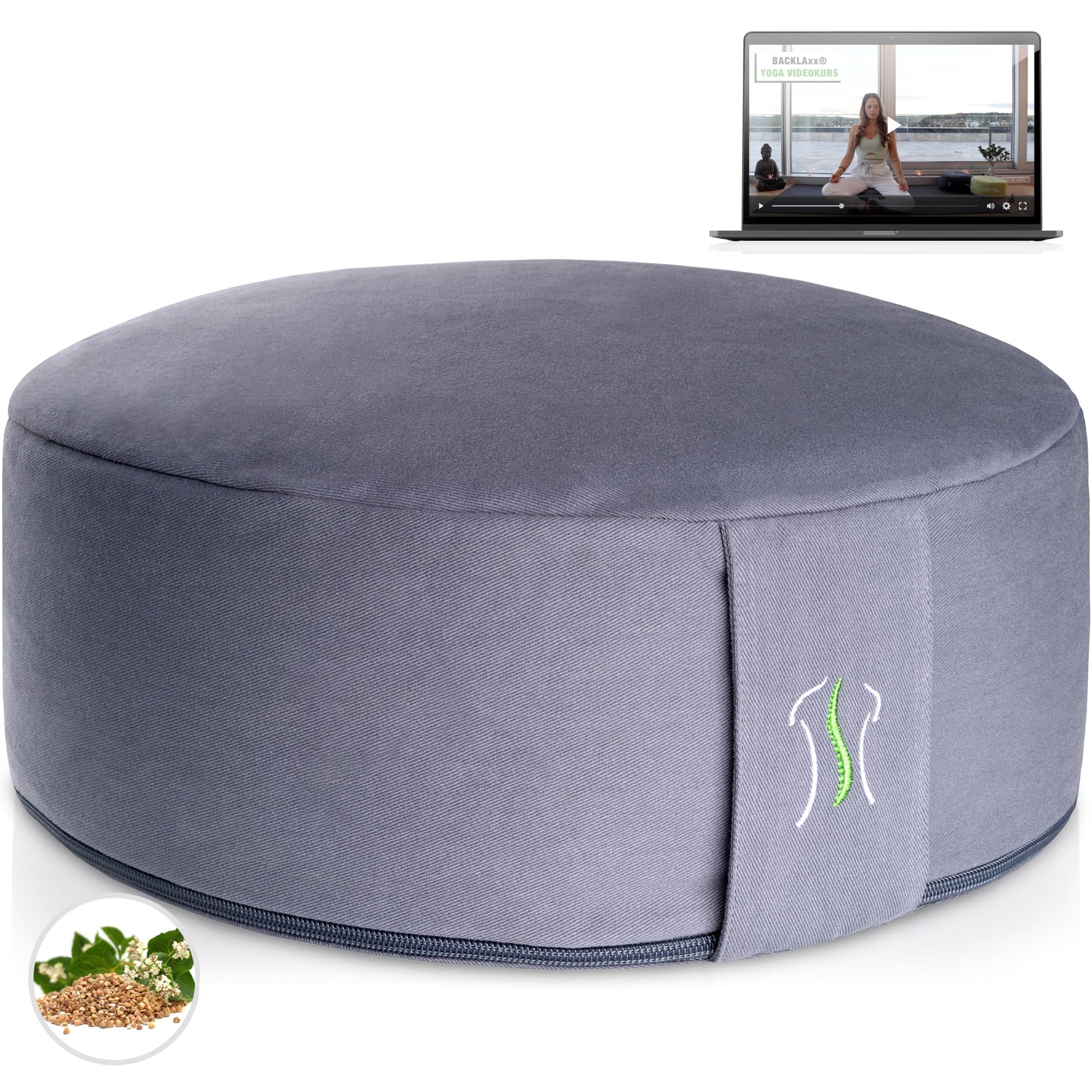 BACKLAXX ® Yoga Kissen, Meditationskissen XL Ø35cm [30% mehr Sitzfläche], 15cm hoch mit Buchweizenfüllung, perfektes Meditation Zubehör, Yogakissen rund inkl. Videokurs - Pouf Sitzkissen Boden