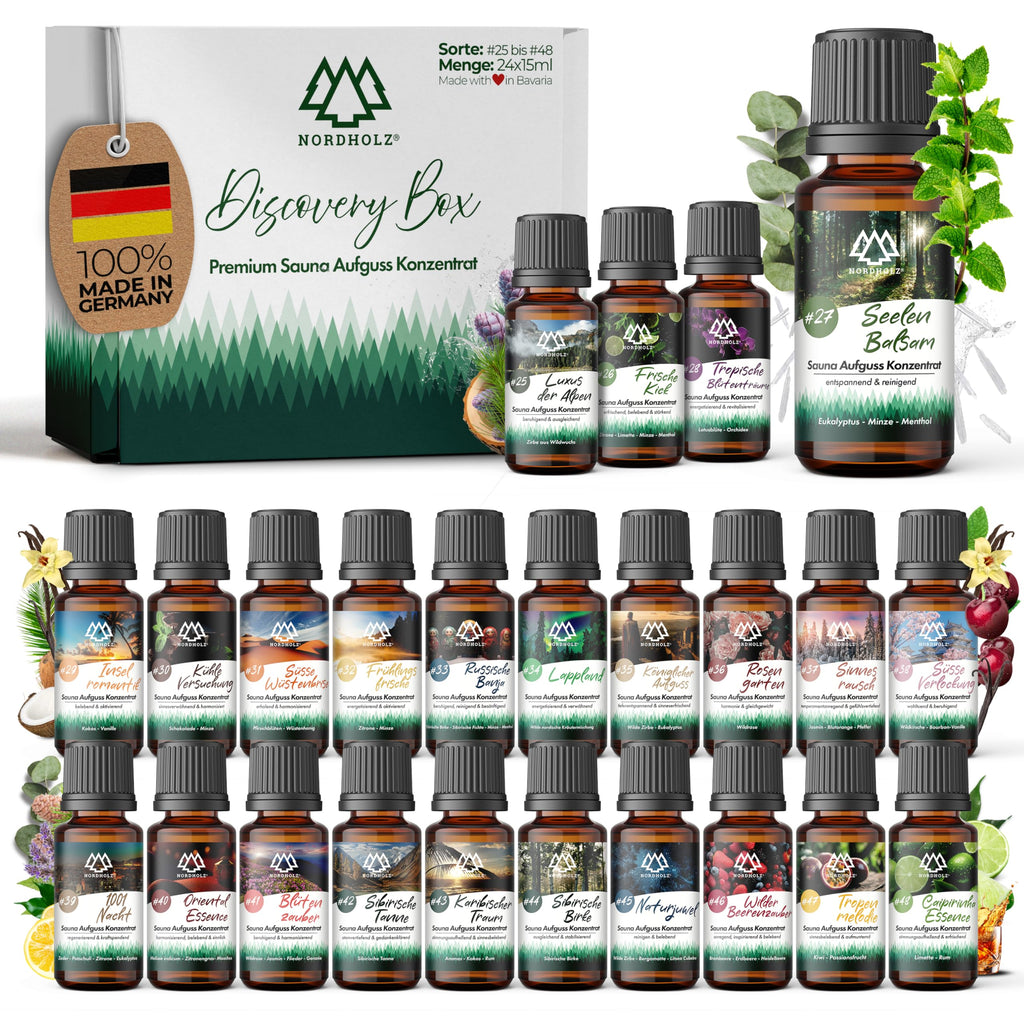 NORDHOLZ® Saunaaufguss Discovery Box 24x15ml [ #1-#24 NATURREINE ÄTHERISCHE ÖLE] Sauna Aufgussmittel - Sauna Aufguss aus Franken - Sauna Zubehör