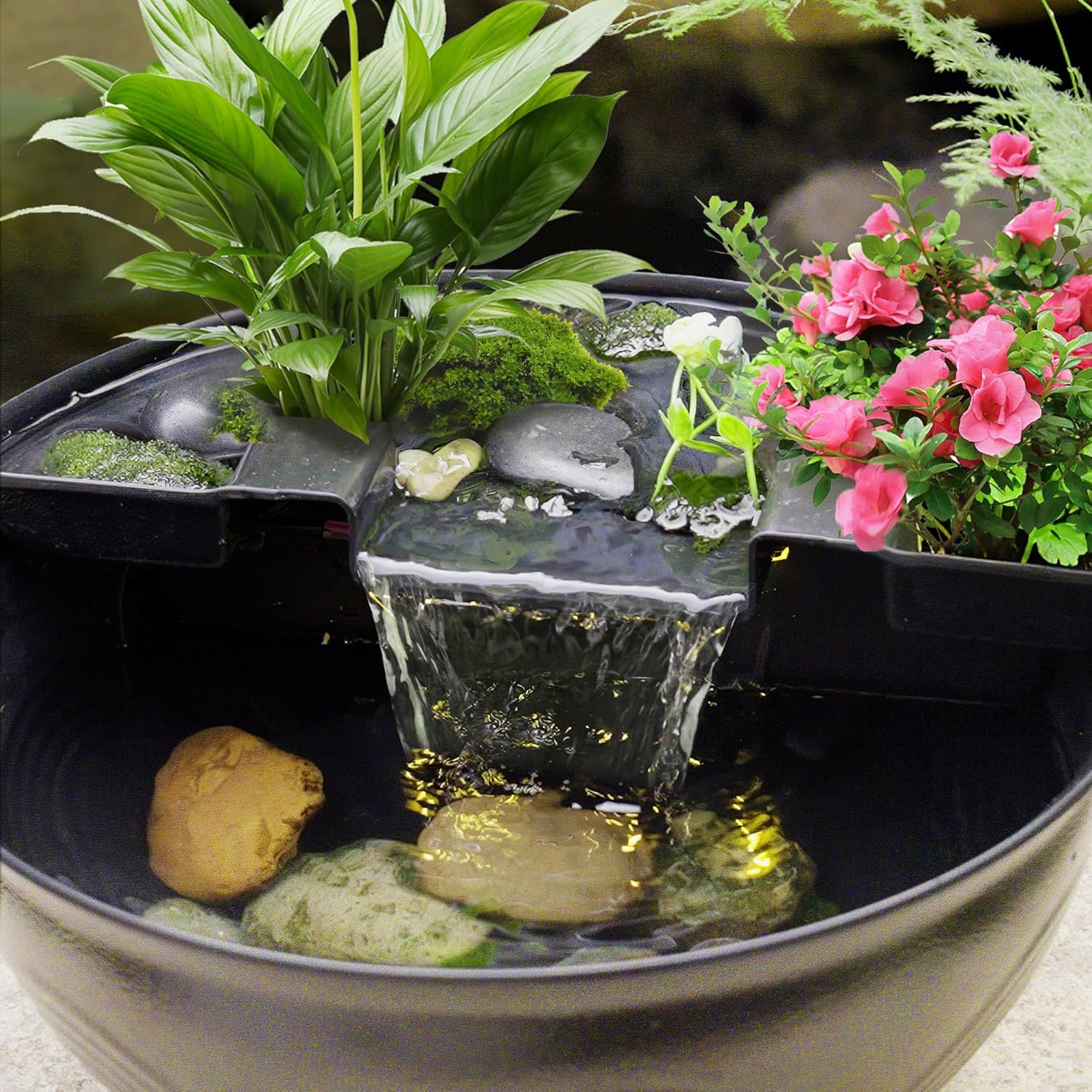 Biling Tischteich für den Innenbereich, Kleines Fischteich Set mit Wasserfall, Tisch Wasserfall Brunnen Set Wassergarten für Büro Wohnzimmer Balkon Garten, gut für Meditation und Entspannung, Schwarz