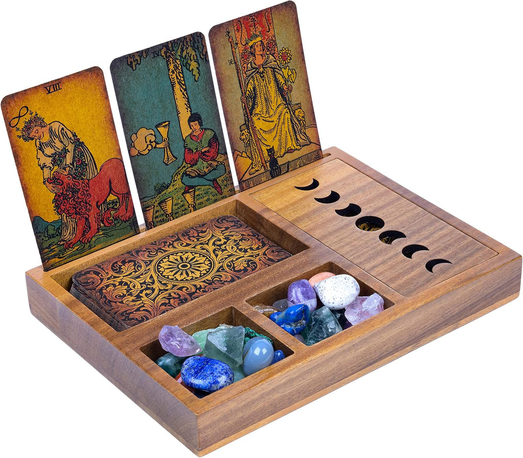 Curawood Tarot Card Holder Box for Immersive Readings - 3 Tarot Card Stand & Crystal Holder - Moon Phase Design Tarot Display Deck Holder & Crystal Tray - Witchcraft Decor - Wiccan Altar Supplies
