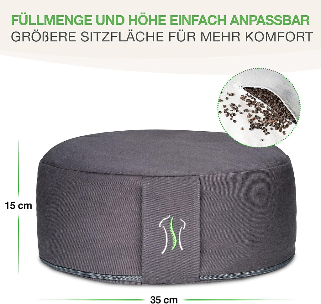 BACKLAXX ® Yoga Kissen, Meditationskissen XL Ø35cm [30% mehr Sitzfläche], 15cm hoch mit Buchweizenfüllung, perfektes Meditation Zubehör, Yogakissen rund inkl. Videokurs - Pouf Sitzkissen Boden