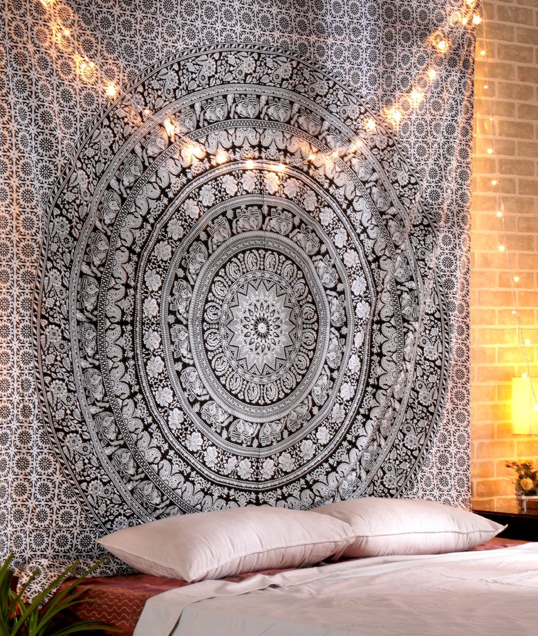 RAJRANG Mandala Wandteppich Schwarz Weiß 213 x 137 cm Baumwolle Boho Böhmischer Wandbehang für Wohnzimmer Dekor