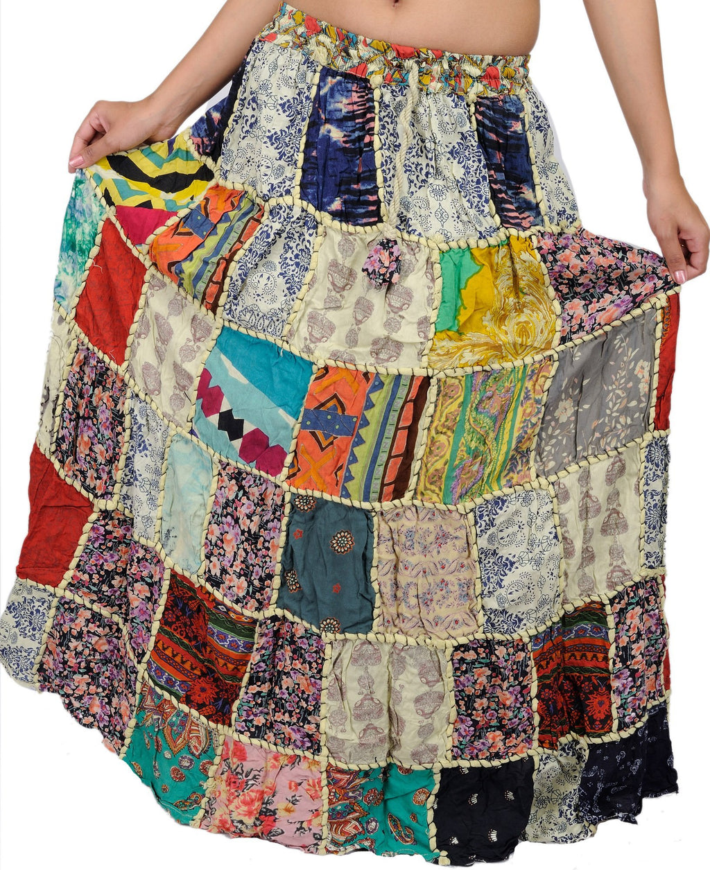 Exotic India Long Printed Dori Skirt from Gujarat with Patch Work - Rayon