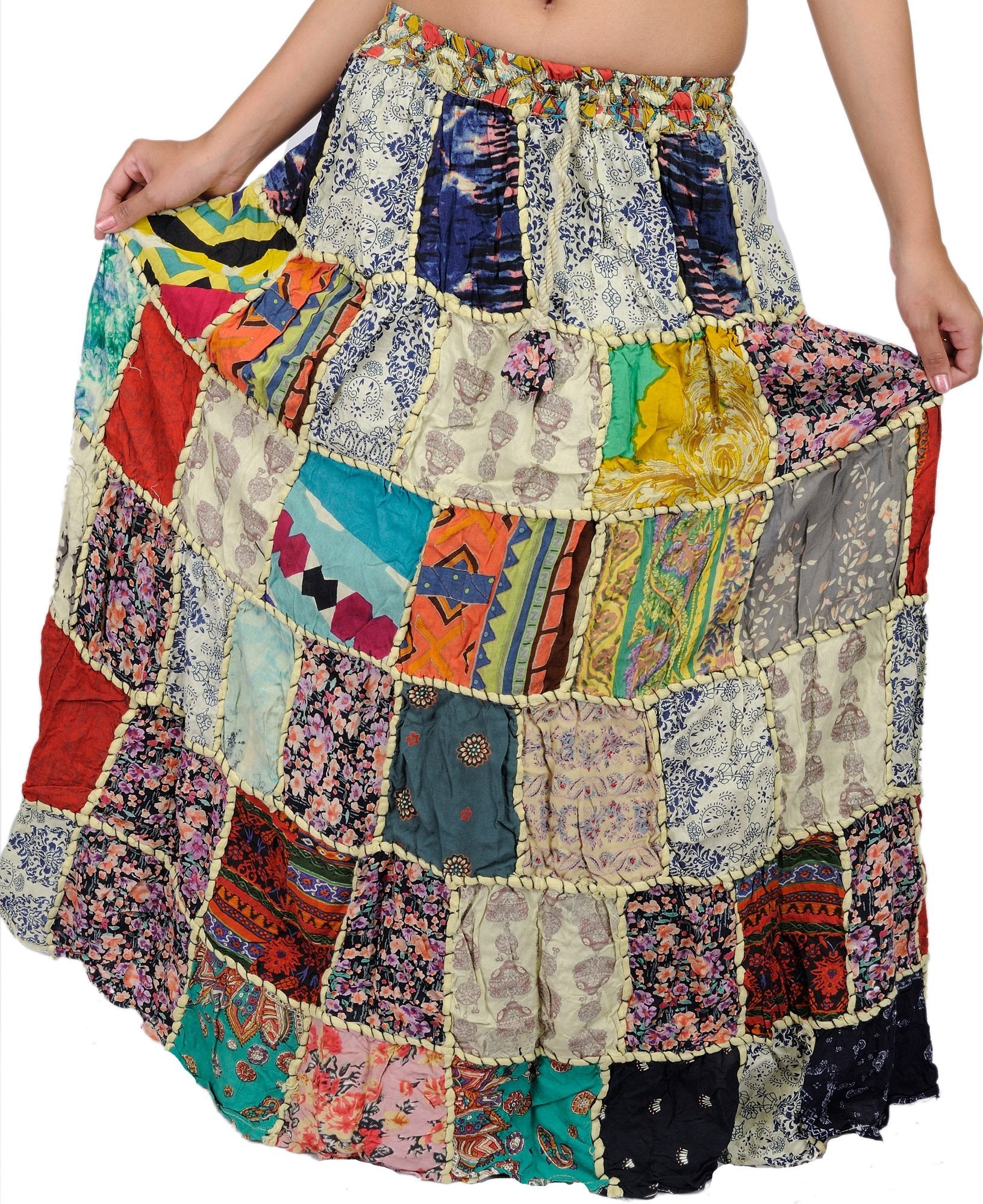 Exotic India Long Printed Dori Skirt from Gujarat with Patch Work - Rayon