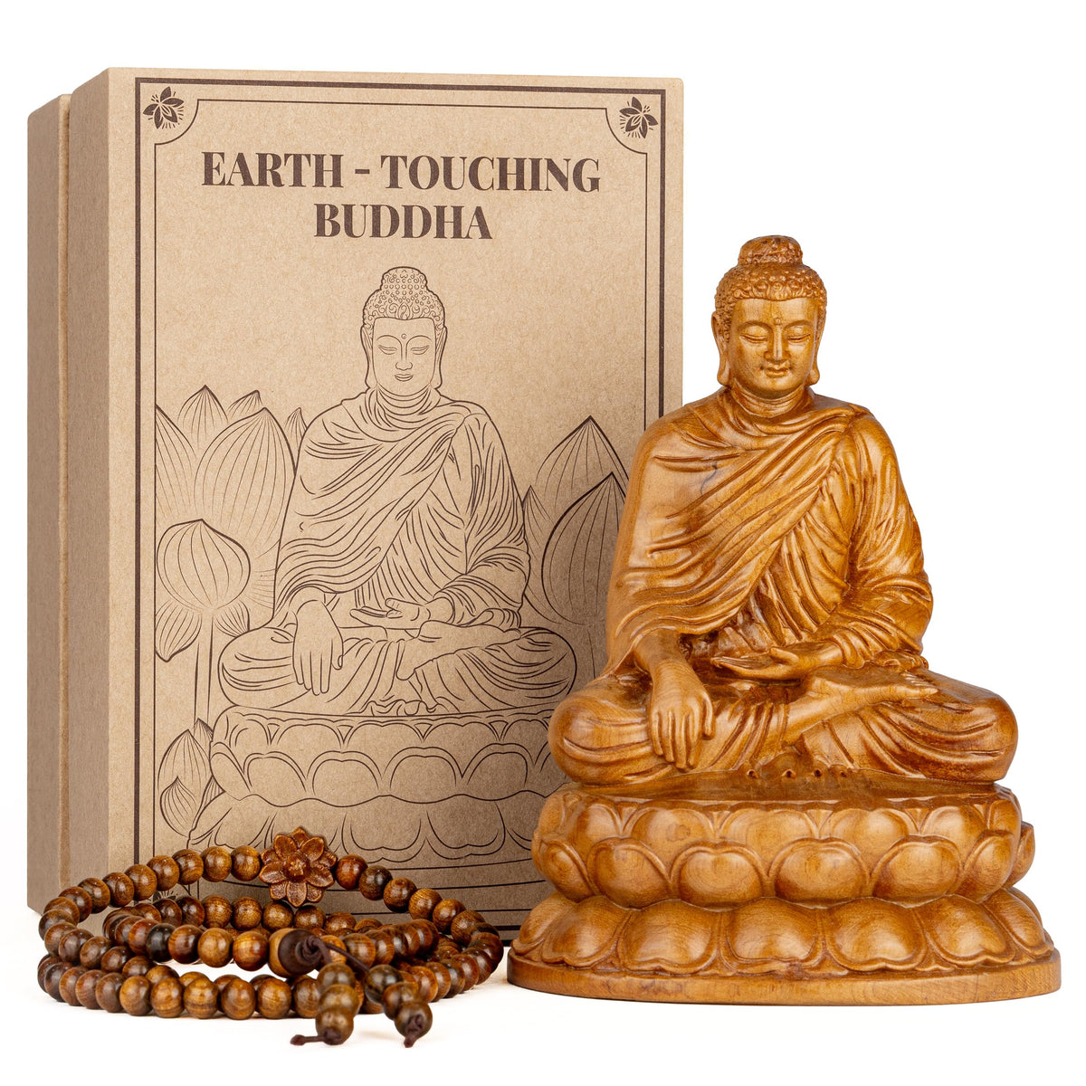 Wooden Buddha Statue with Gift Box and 108 Bead Mala - Hand Carved Shakyamuni Buddha 15cm/6in for Meditation, Altar, Zen Decor - Buddhist Spiritual Gift Set for Peace and Mindfulness