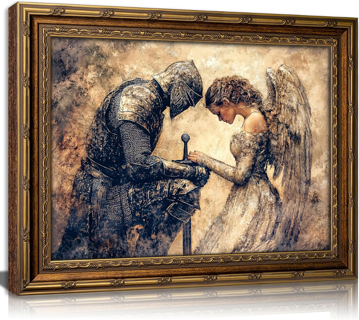 Vintage Gold Framed Medieval Knight Wall Art, Retro Fantasy Warrior Angel Oil Painting Canvas Print, Antique Gothic Romantic Wall Decor, Dark Academia Poster Artwork for Bedroom Living Room