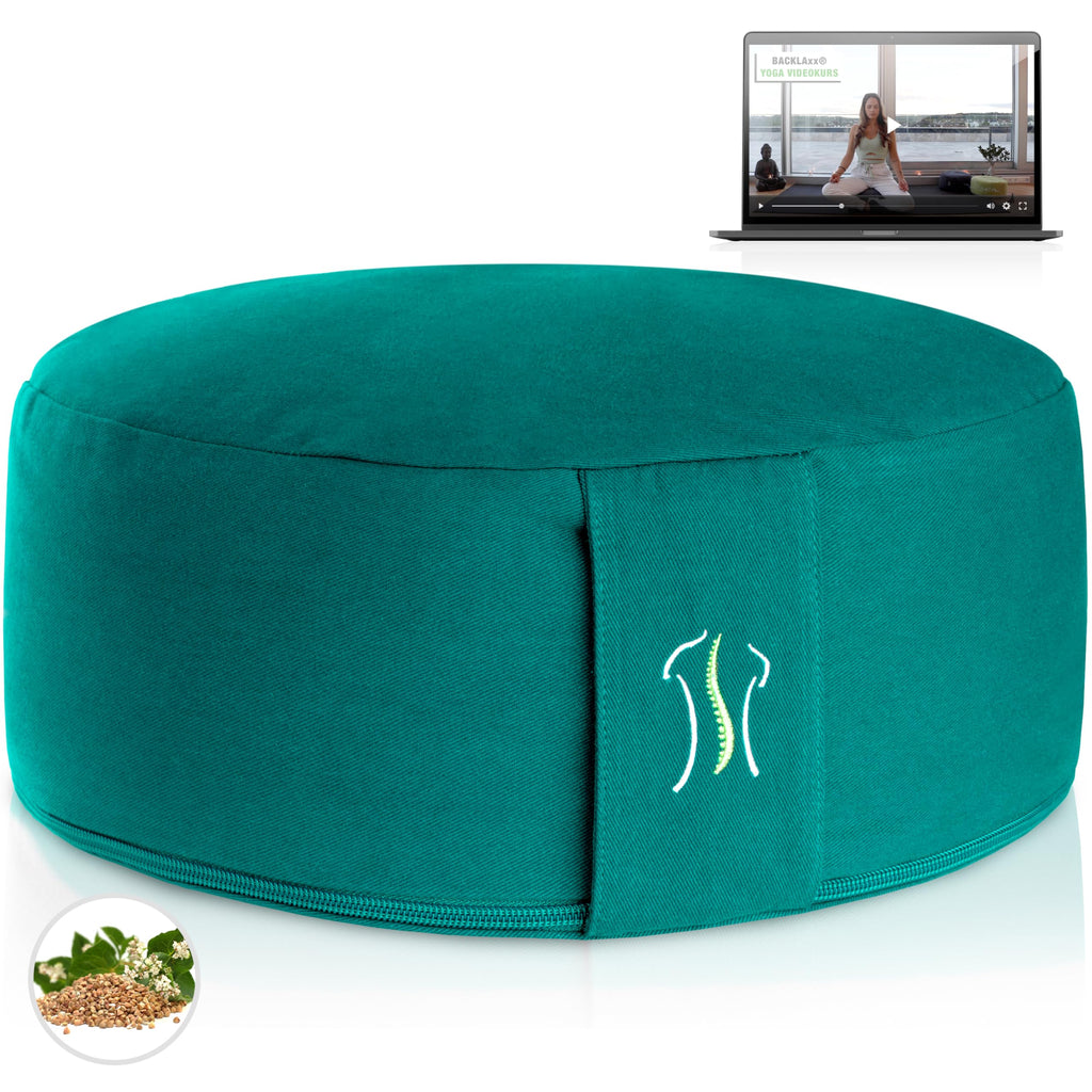 BACKLAXX ® Yoga Kissen, Meditationskissen XL Ø35cm [30% mehr Sitzfläche], 15cm hoch mit Buchweizenfüllung, perfektes Meditation Zubehör, Yogakissen rund inkl. Videokurs - Pouf Sitzkissen Boden