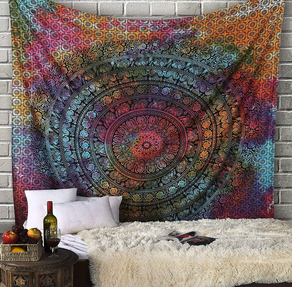 RAJRANG Mandala Wandteppich Schwarz Weiß 213 x 137 cm Baumwolle Boho Böhmischer Wandbehang für Wohnzimmer Dekor