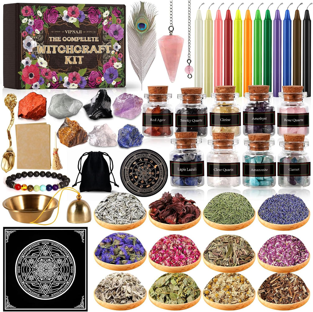 VIPNAJI Starter Witch Kit 64 Pieces Witchcraft Kit, Candles Small, Dried Flowers, Crystals, Measuring Spoons, Parchment Paper, Tumbled Gemstone Crystal Chips for Chimes, Magic, Witchcraft, Wish You