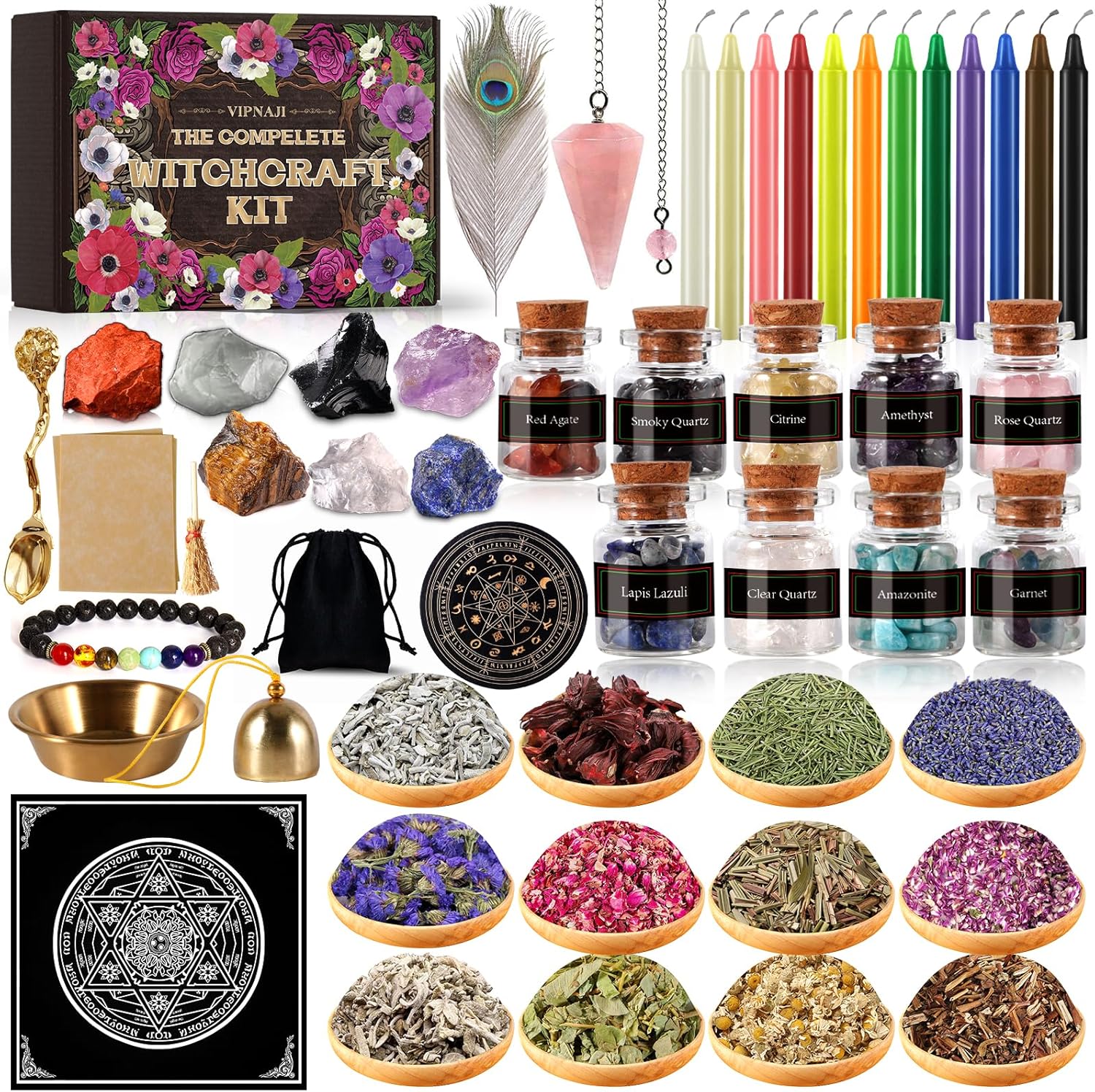 VIPNAJI Starter Witch Kit 64 Pieces Witchcraft Kit, Candles Small, Dried Flowers, Crystals, Measuring Spoons, Parchment Paper, Tumbled Gemstone Crystal Chips for Chimes, Magic, Witchcraft, Wish You