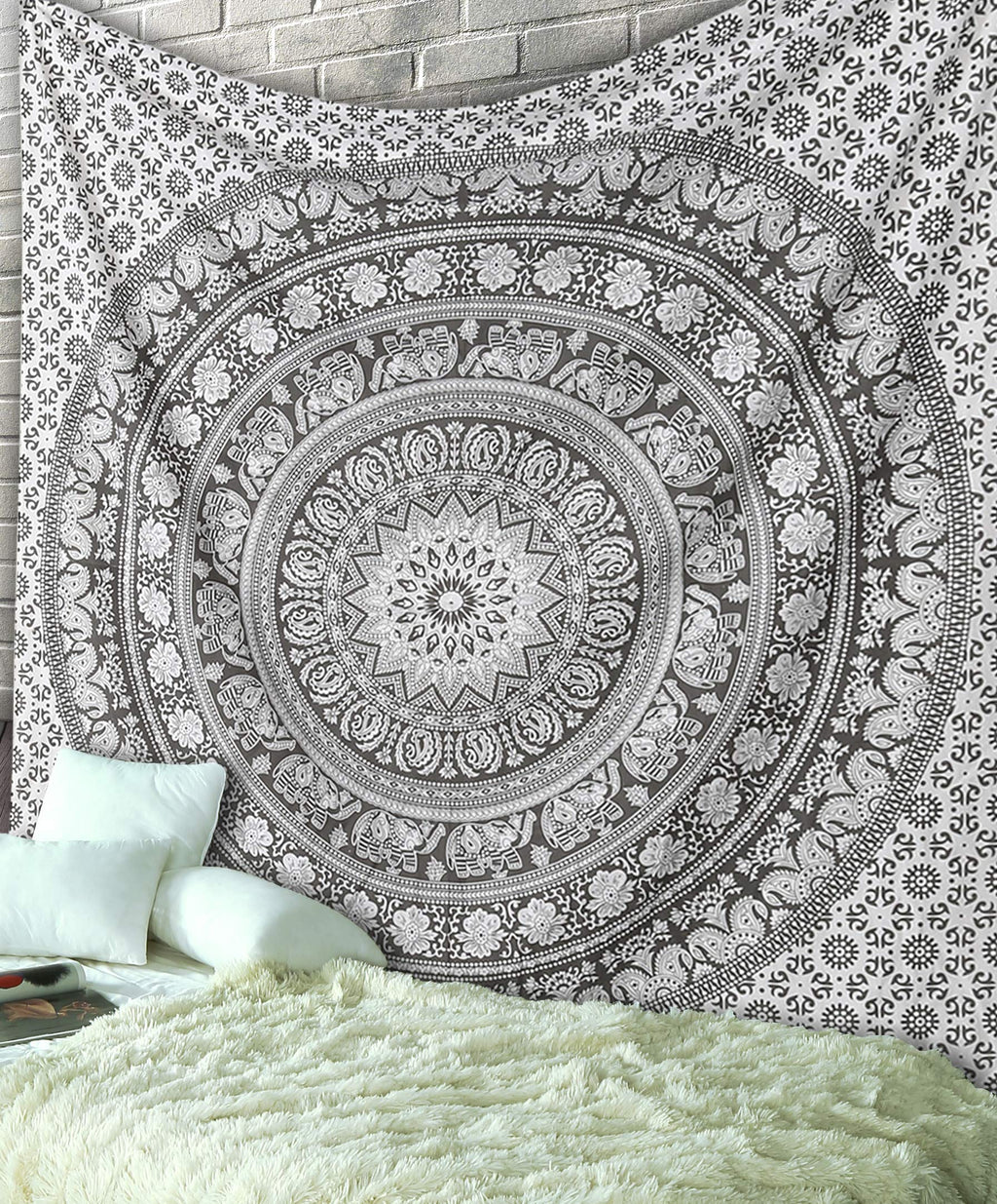 RAJRANG Mandala Wandteppich Schwarz Weiß 213 x 137 cm Baumwolle Boho Böhmischer Wandbehang für Wohnzimmer Dekor