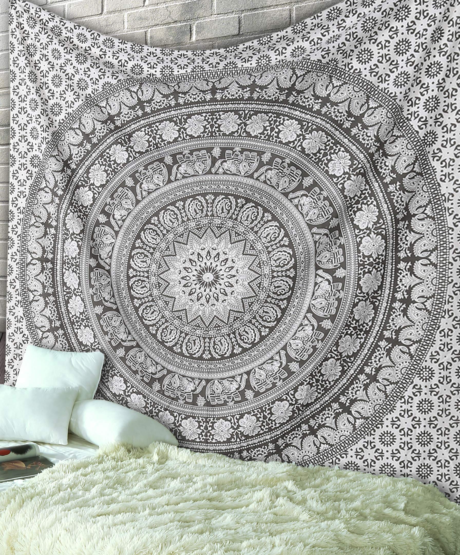 RAJRANG Mandala Wandteppich Schwarz Weiß 213 x 137 cm Baumwolle Boho Böhmischer Wandbehang für Wohnzimmer Dekor