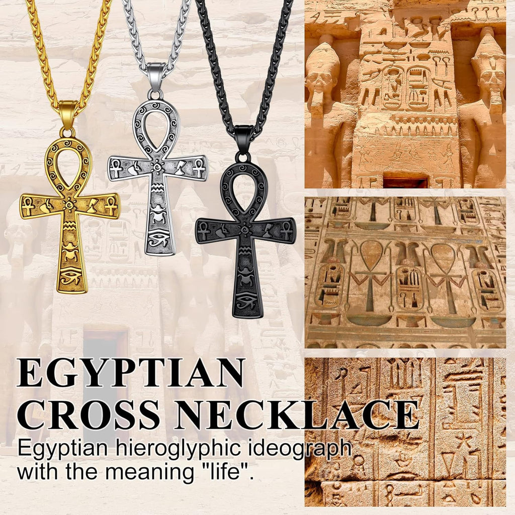 Richsteel Edelstahl Ägyptische Kreuzkette für Herren Jungen Religiöser Amulett Horusauge Kette Ankh Schmuck für Geburtstag Vatertag