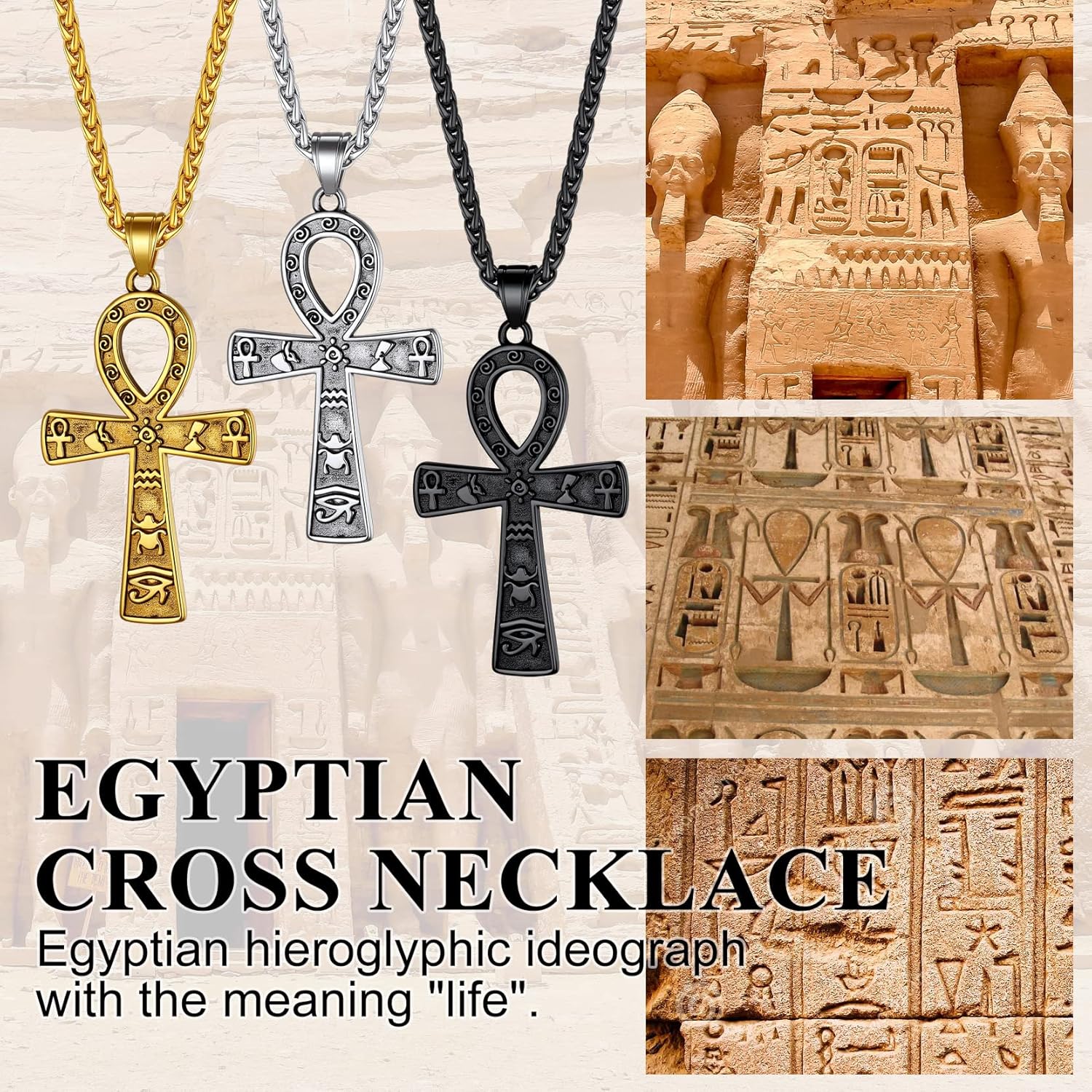 Richsteel Edelstahl Ägyptische Kreuzkette für Herren Jungen Religiöser Amulett Horusauge Kette Ankh Schmuck für Geburtstag Vatertag