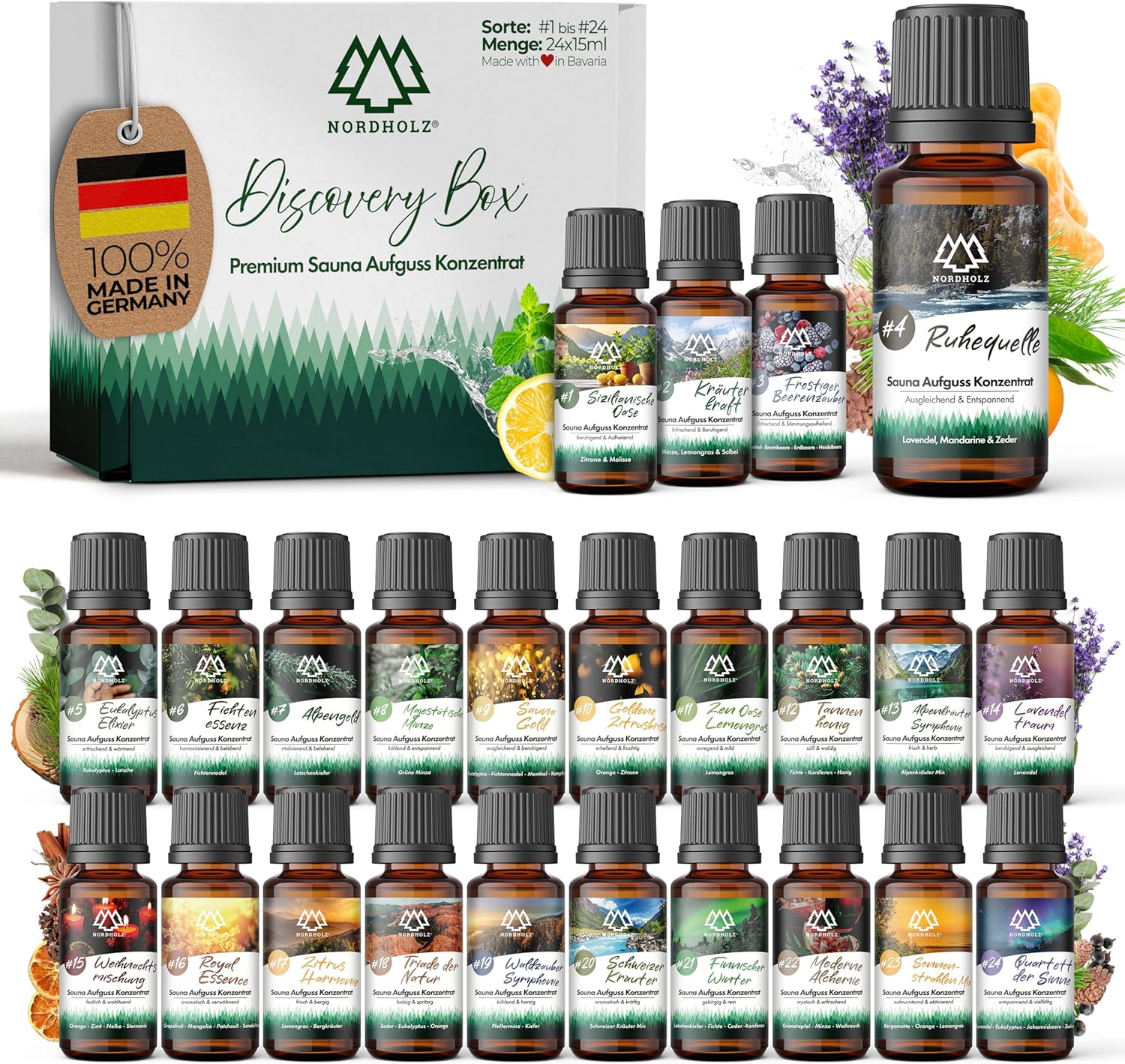NORDHOLZ® Saunaaufguss Discovery Box 24x15ml [ #1-#24 NATURREINE ÄTHERISCHE ÖLE] Sauna Aufgussmittel - Sauna Aufguss aus Franken - Sauna Zubehör