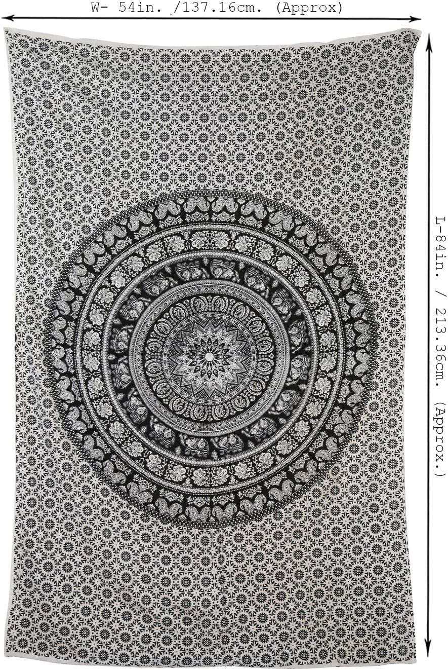 RAJRANG Mandala Wandteppich Schwarz Weiß 213 x 137 cm Baumwolle Boho Böhmischer Wandbehang für Wohnzimmer Dekor