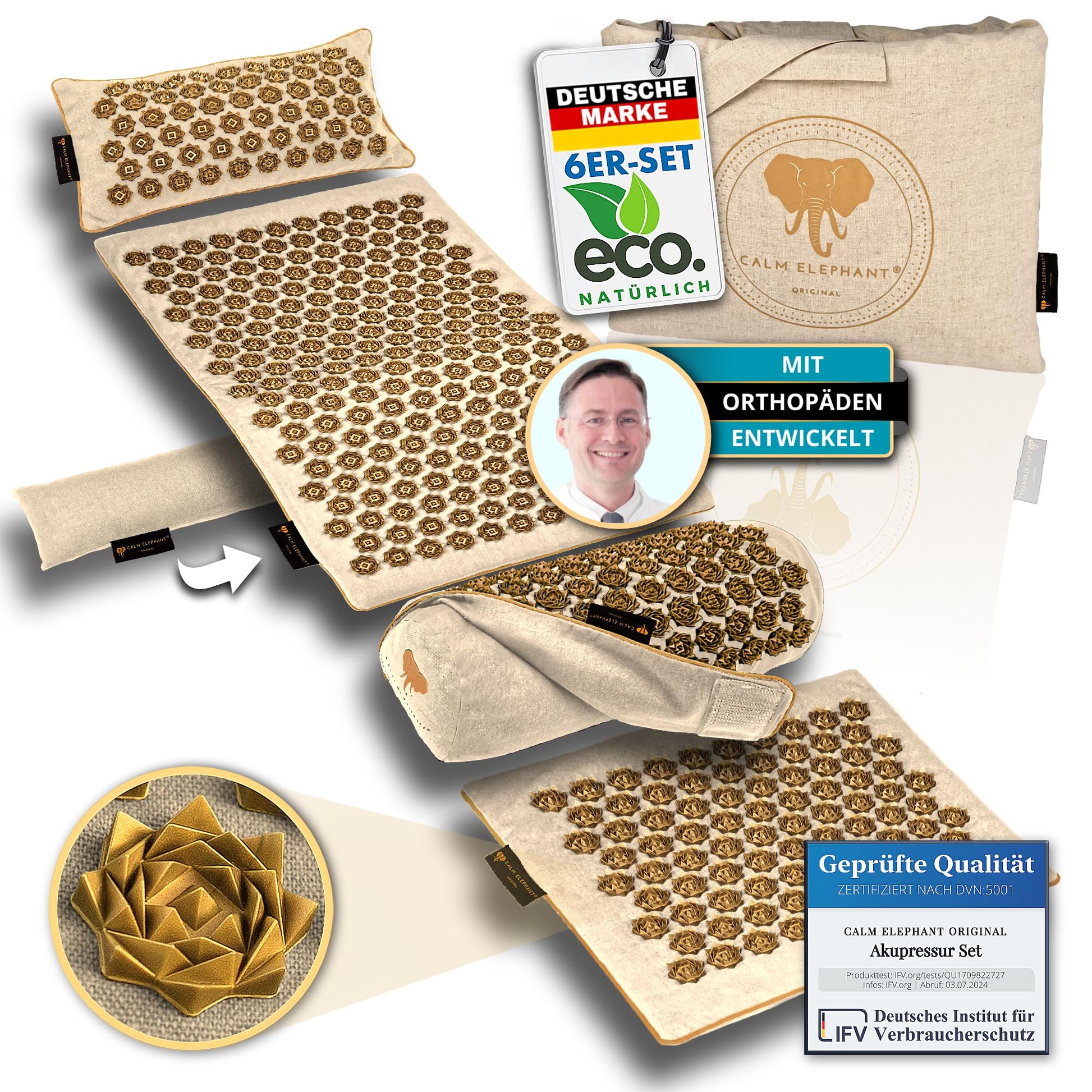 CALM ELEPHANT ORIGINAL® Akupressurmatte mit Kissen XXL Set GENUINE 5-teilig, Massagematte Rücken, Verspannungen lösen, Akupunktur Matte, Kissen mit Wärmefunktion, Lendenkissen, Fußmatte & Tasche, grau