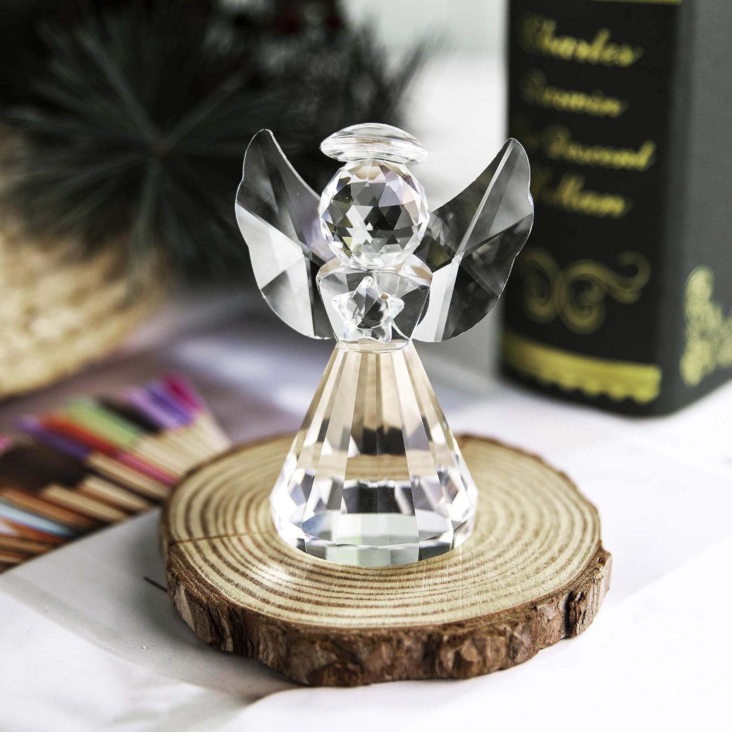 HDCRYSTALGIFTS 3 Inch Crystal Guardian Angel Paperweight Decoration Glass Angel Statue Ornaments Art Collectible Gift for Women Transparent