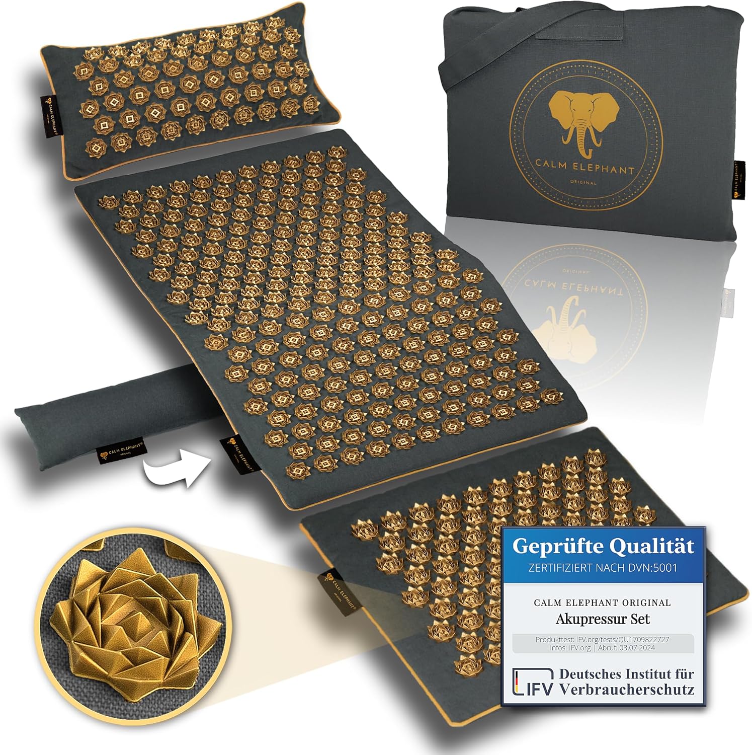 CALM ELEPHANT ORIGINAL® Akupressurmatte mit Kissen XXL Set GENUINE 5-teilig, Massagematte Rücken, Verspannungen lösen, Akupunktur Matte, Kissen mit Wärmefunktion, Lendenkissen, Fußmatte & Tasche, grau