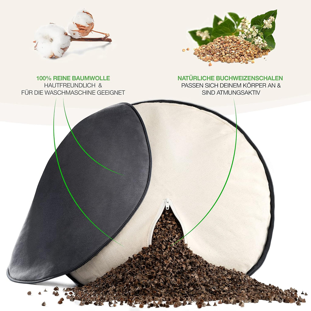 BACKLAXX ® Yoga Kissen, Meditationskissen XL Ø35cm [30% mehr Sitzfläche], 15cm hoch mit Buchweizenfüllung, perfektes Meditation Zubehör, Yogakissen rund inkl. Videokurs - Pouf Sitzkissen Boden