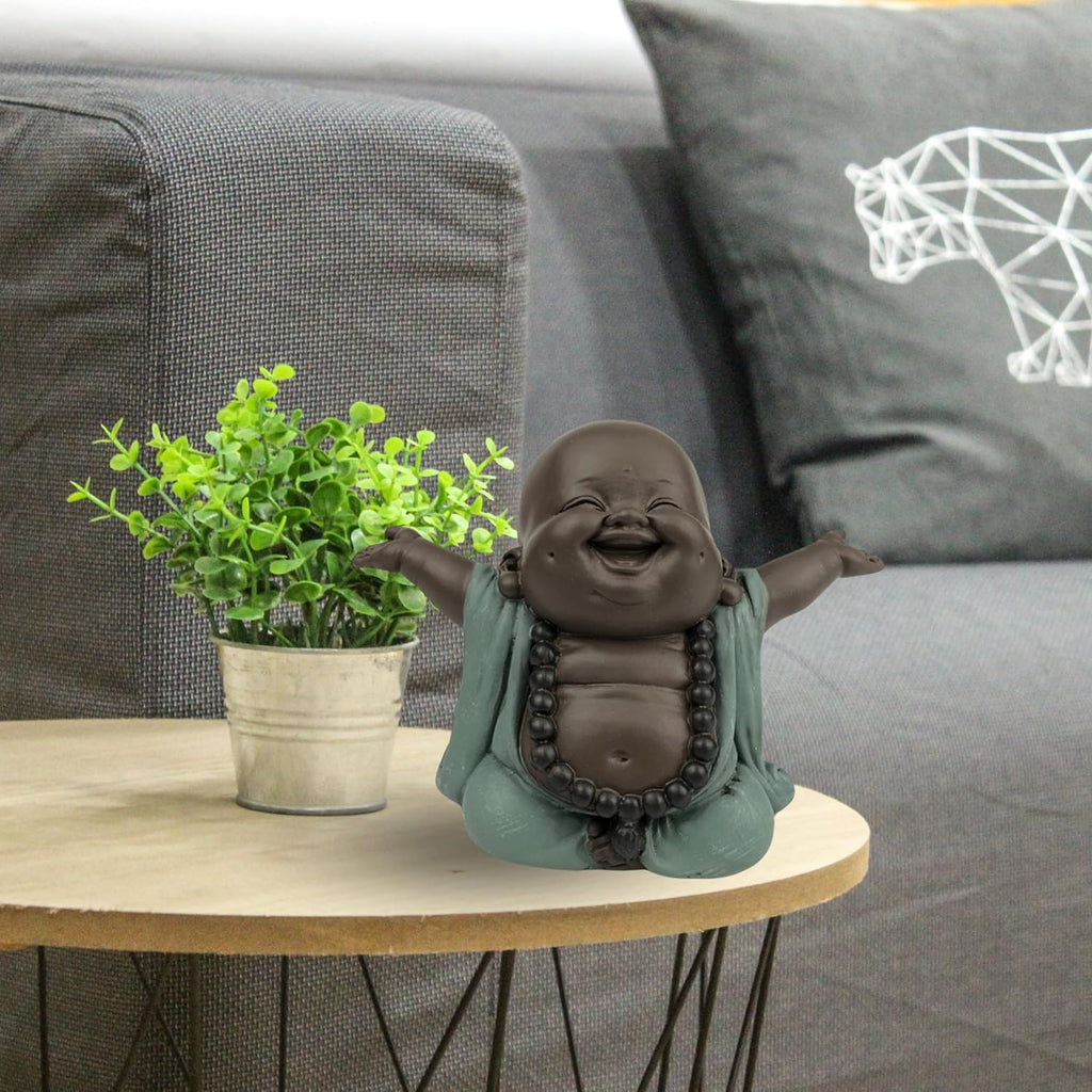 Lachender Buddha Willkommen - Glücksbringer Statue - Zen und Feng Shui Dekoration - für eine entspannende und spirituelle Atmosphäre - Geschenkidee - Breite: 9cm - Farbe: Grün und Braun - Zen'Light