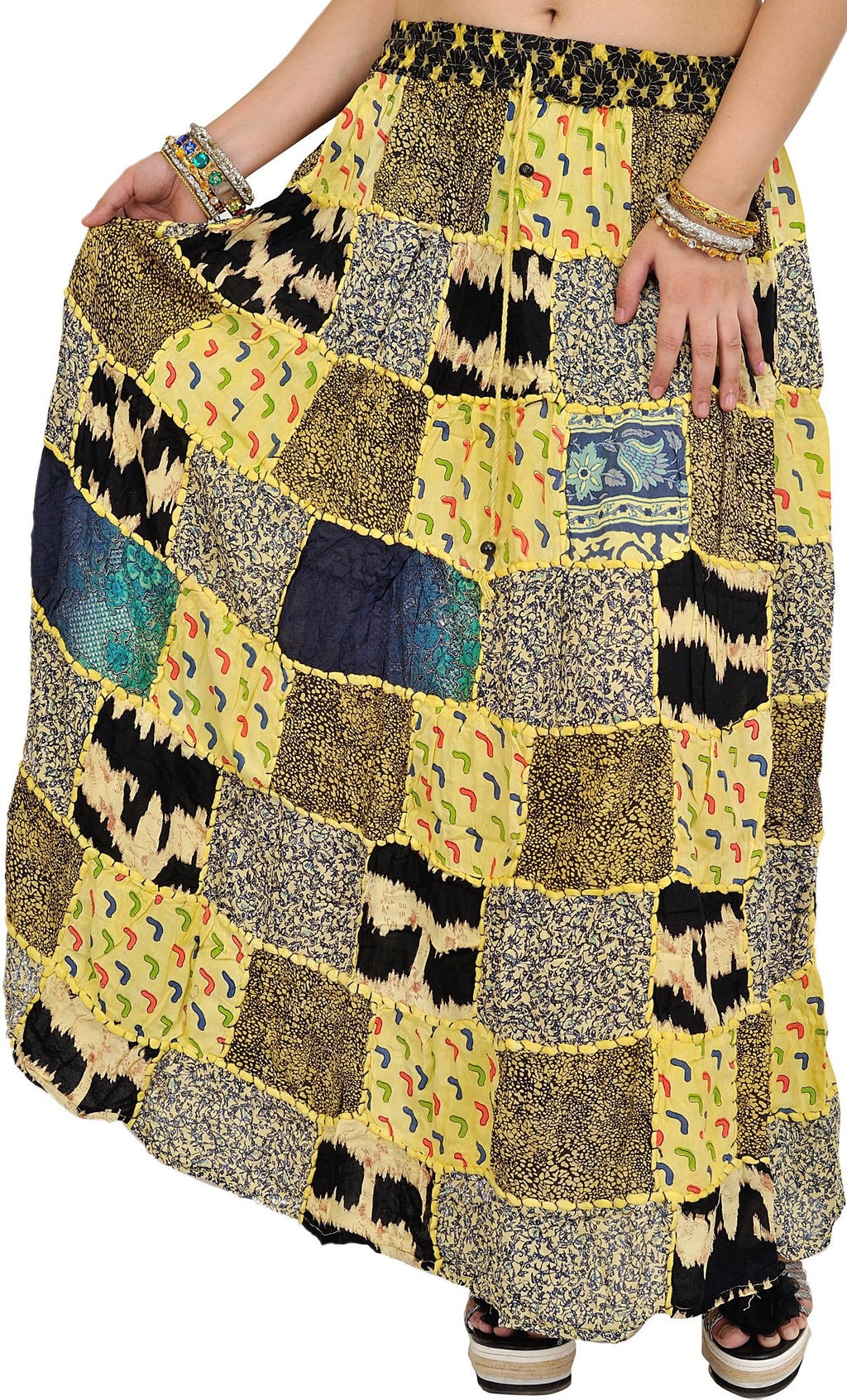 Exotic India Long Printed Dori Skirt from Gujarat with Patch Work - Rayon