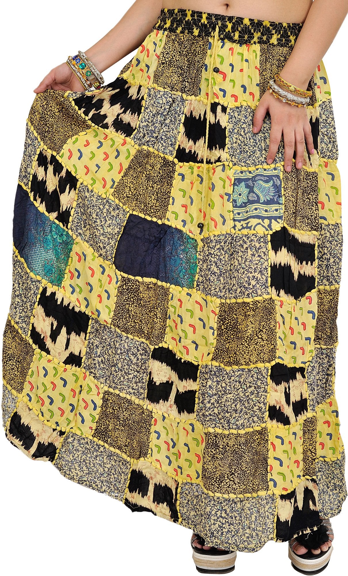 Exotic India Long Printed Dori Skirt from Gujarat with Patch Work - Rayon