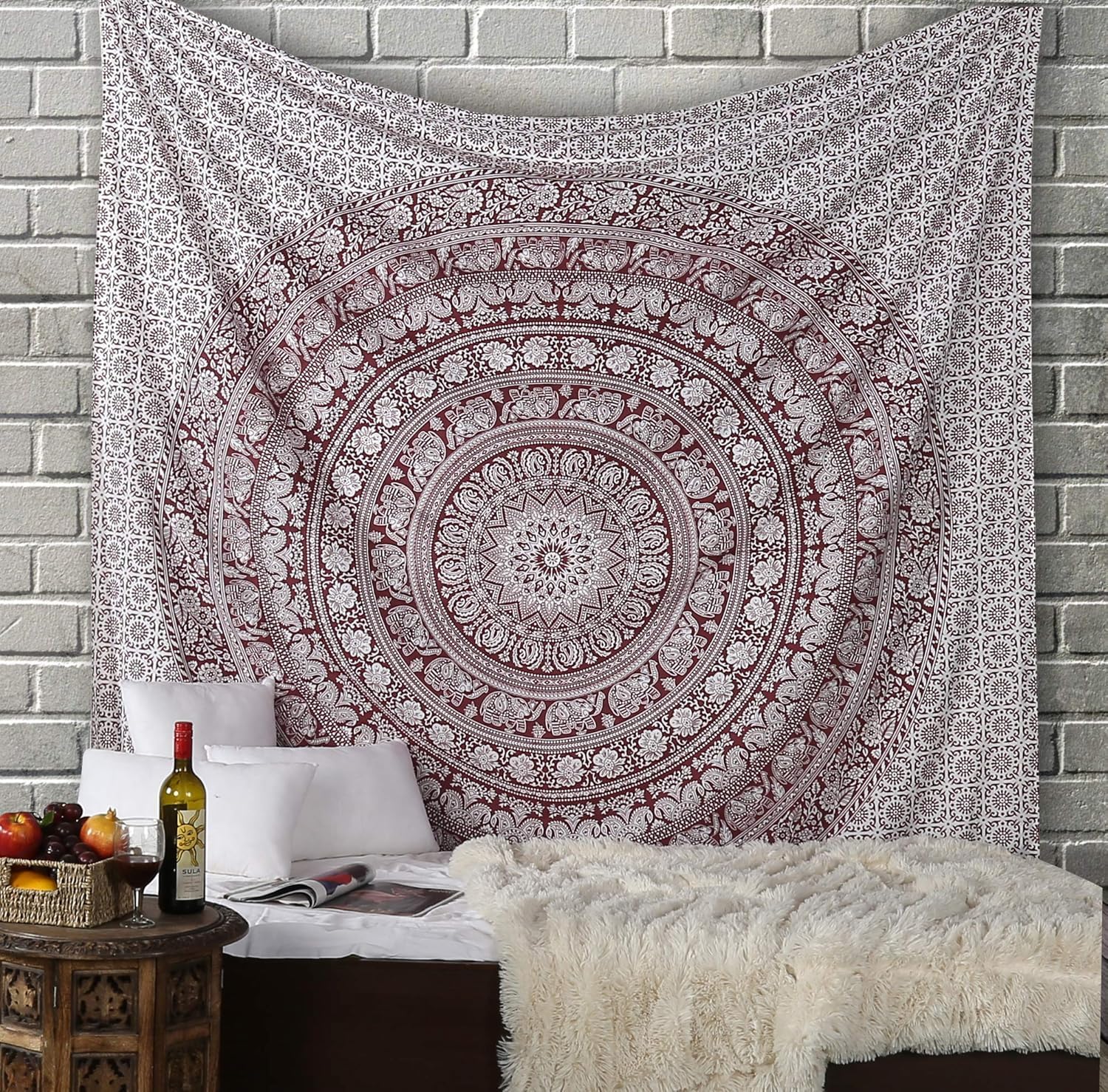 RAJRANG Mandala Wandteppich Schwarz Weiß 213 x 137 cm Baumwolle Boho Böhmischer Wandbehang für Wohnzimmer Dekor