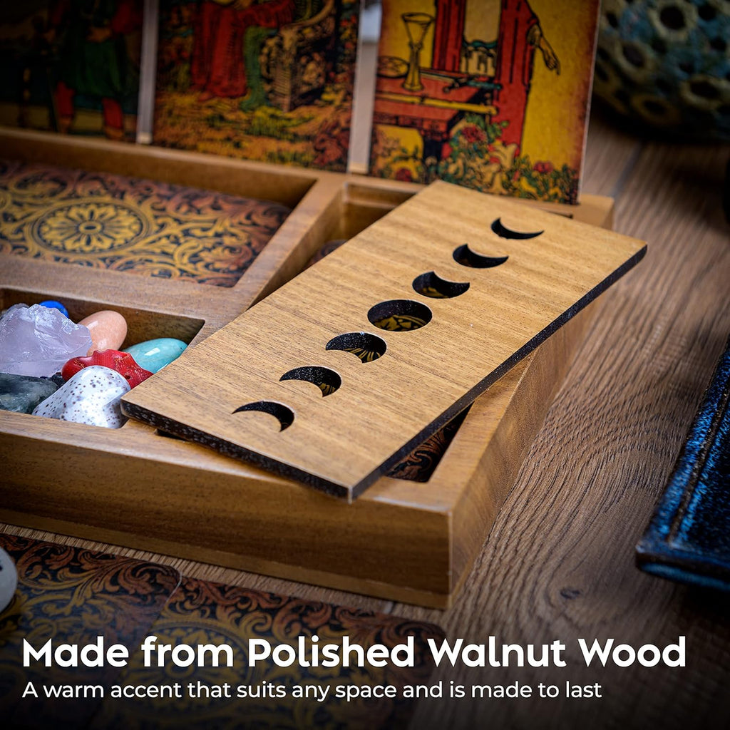 Curawood Tarot Card Holder Box for Immersive Readings - 3 Tarot Card Stand & Crystal Holder - Moon Phase Design Tarot Display Deck Holder & Crystal Tray - Witchcraft Decor - Wiccan Altar Supplies