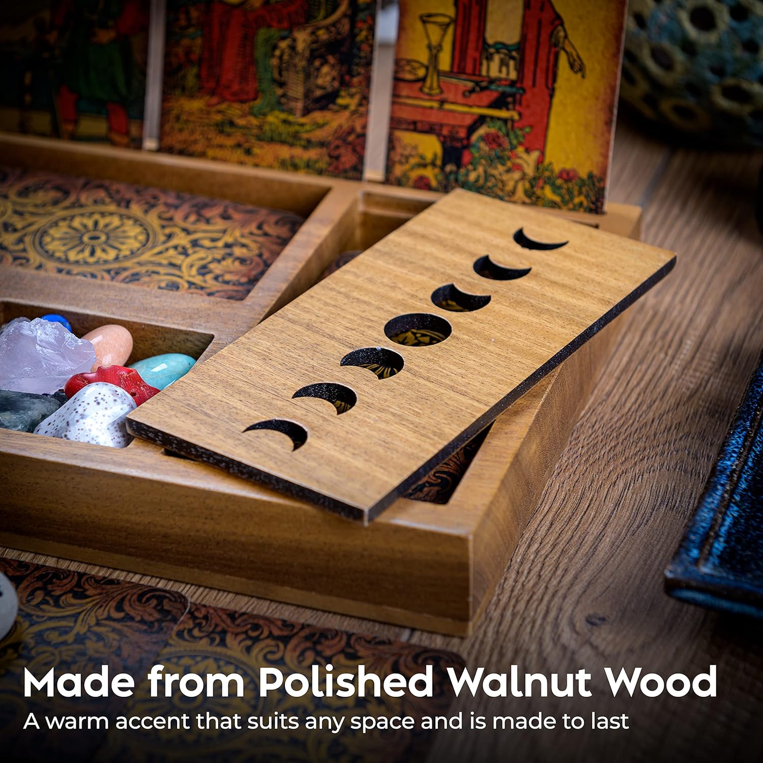 Curawood Tarot Card Holder Box for Immersive Readings - 3 Tarot Card Stand & Crystal Holder - Moon Phase Design Tarot Display Deck Holder & Crystal Tray - Witchcraft Decor - Wiccan Altar Supplies