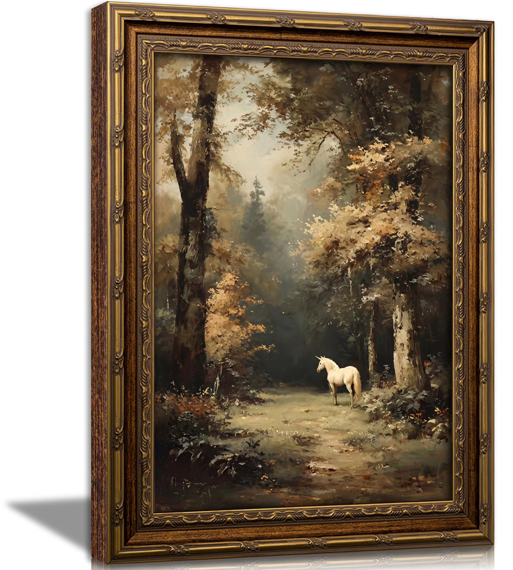 Vintage Gold Framed Medieval Knight Wall Art, Retro Fantasy Warrior Angel Oil Painting Canvas Print, Antique Gothic Romantic Wall Decor, Dark Academia Poster Artwork for Bedroom Living Room