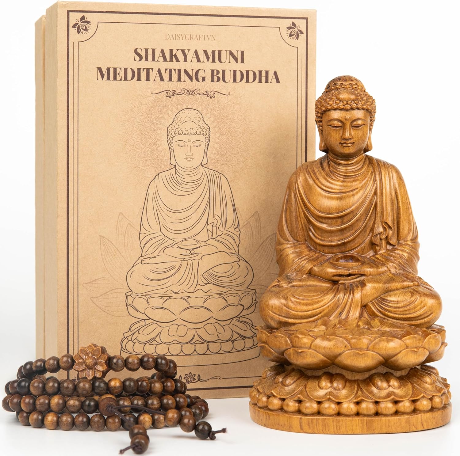 Wooden Buddha Statue with Gift Box and 108 Bead Mala - Hand Carved Shakyamuni Buddha 15cm/6in for Meditation, Altar, Zen Decor - Buddhist Spiritual Gift Set for Peace and Mindfulness