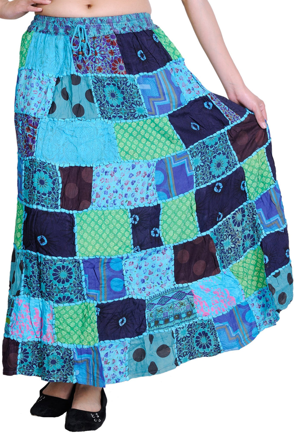Exotic India Long Printed Dori Skirt from Gujarat with Patch Work - Rayon