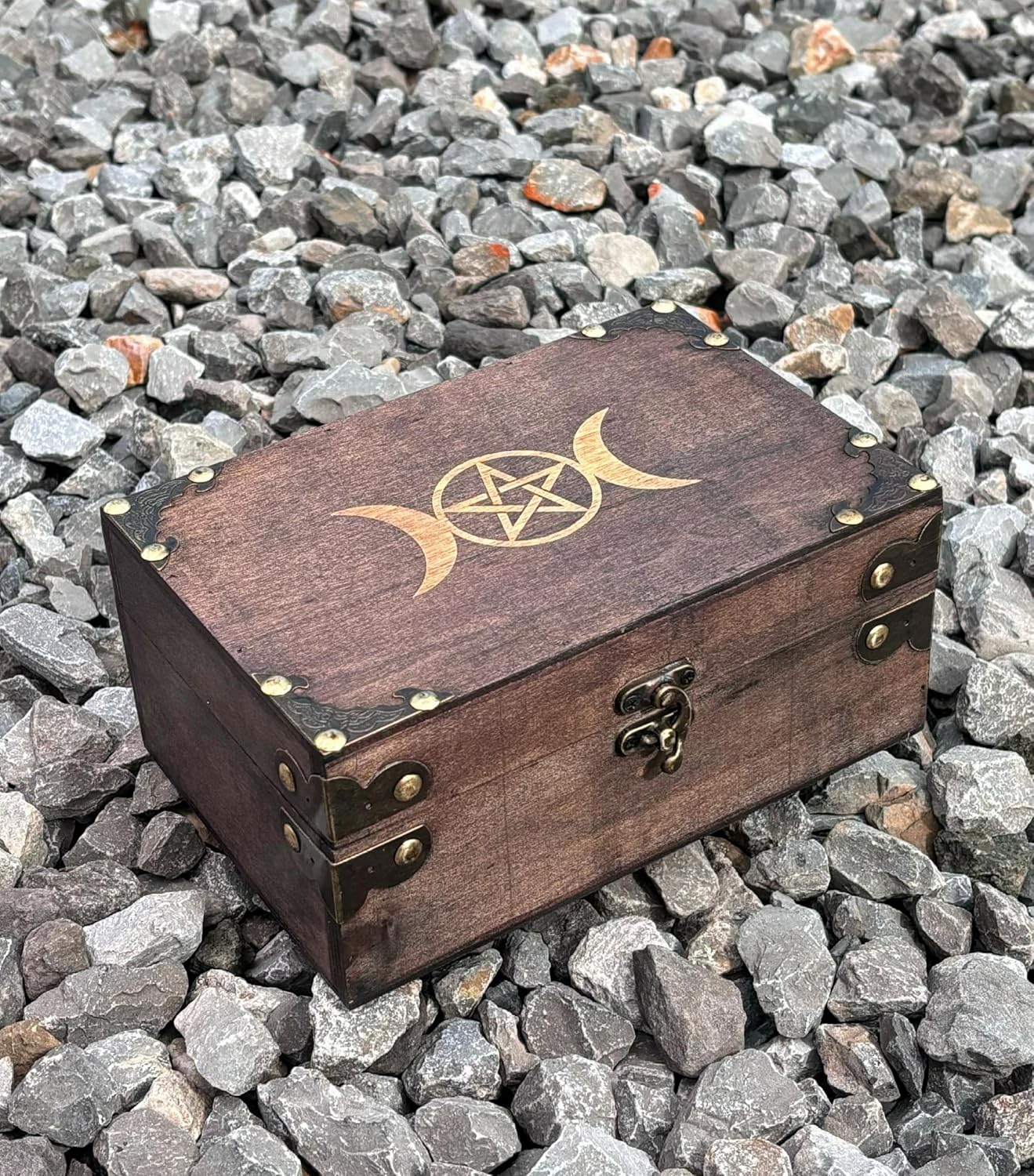 Triple Moon Goddess Pentagram Engraved Wooden Chest with Velvet Lining Wiccan Accessories and Tool Storage Keepsake Jewelry Organizer