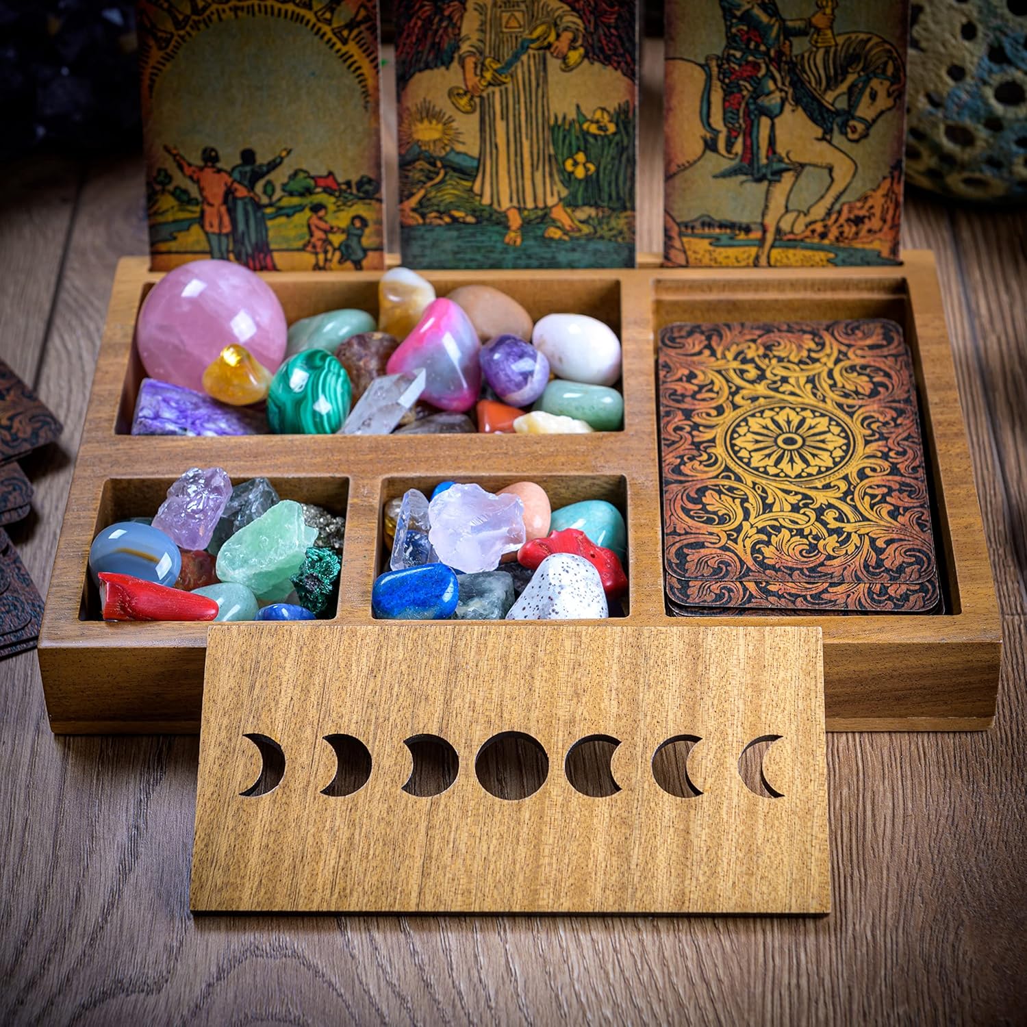 Curawood Tarot Card Holder Box for Immersive Readings - 3 Tarot Card Stand & Crystal Holder - Moon Phase Design Tarot Display Deck Holder & Crystal Tray - Witchcraft Decor - Wiccan Altar Supplies