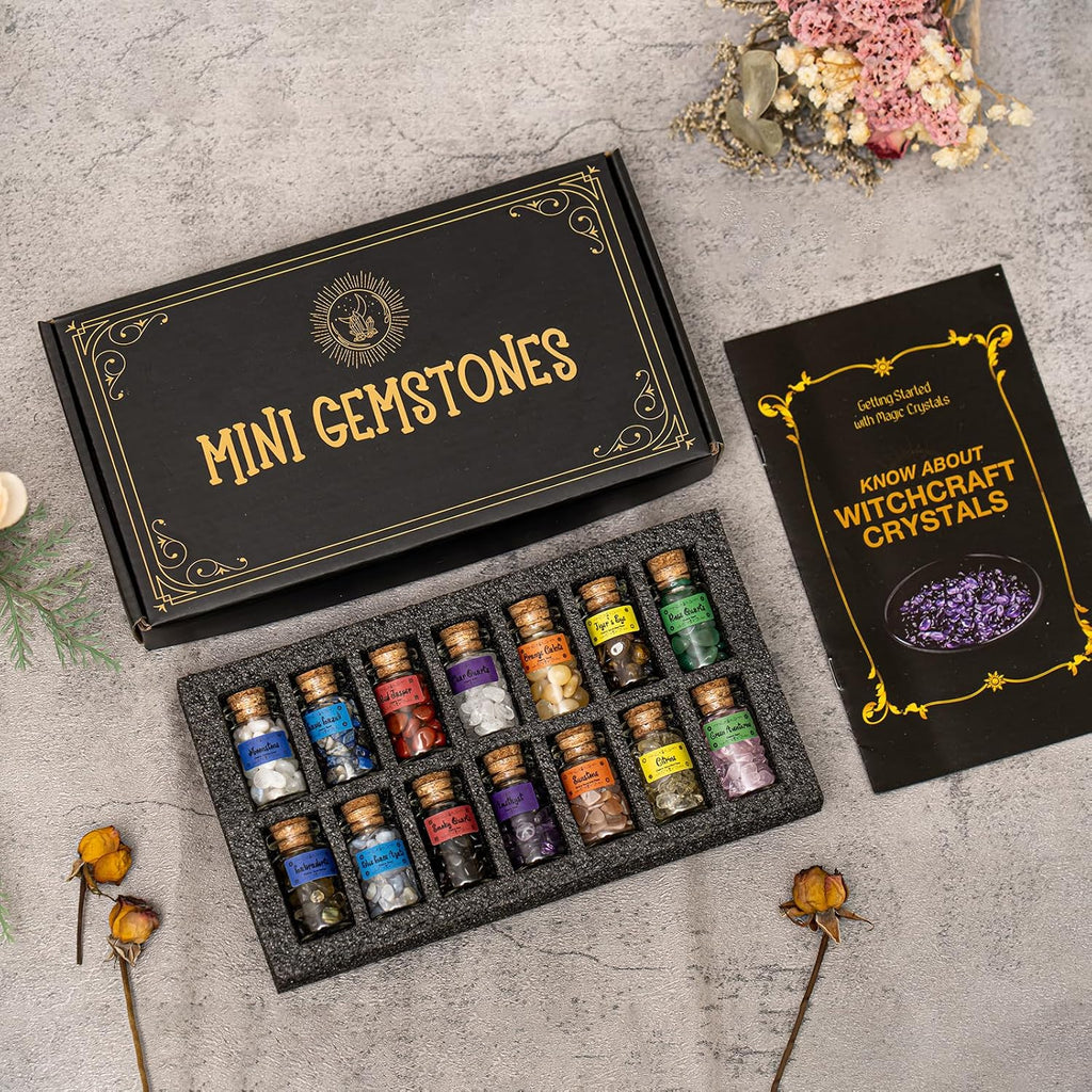 Crystals for Witchcraft in Bottles,14pcs of Crystal Sets for Witchcraft Supplies,Real Crystals and Healing Stones,Wiccan Supply Tool,Mini Gemstones,Chakra Healing Crystals