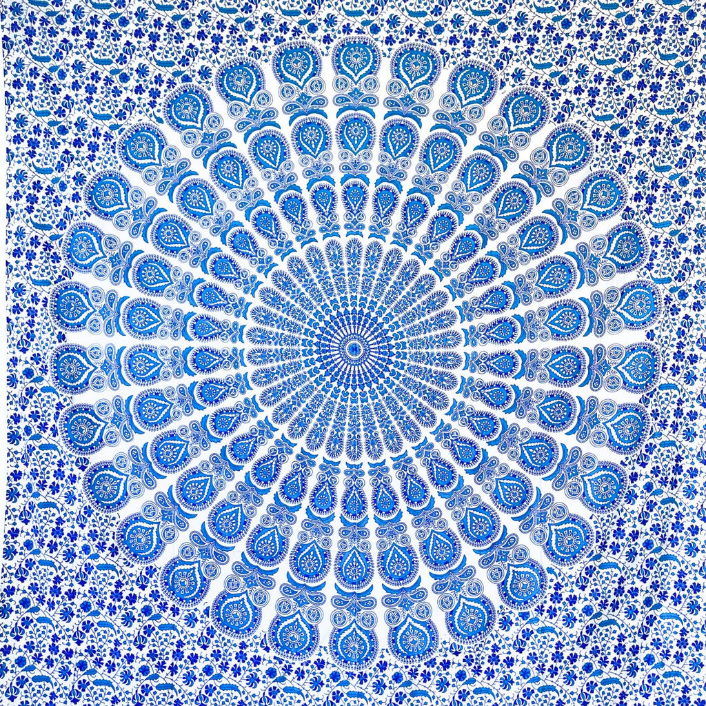 MOMOMUS Wandteppich Mandala - Mehrzweck, Bunt, 100% Baumwolle - Ideal als Wandteppich Aesthetic, Wandtuch Boho, Indischer Wandbehang aus Stoff oder Wall Tapestry - Blau und Rot, 210x230 cm