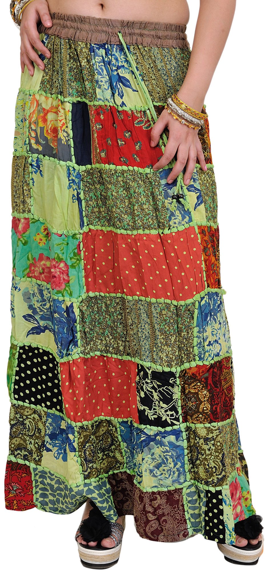 Exotic India Long Printed Dori Skirt from Gujarat with Patch Work - Rayon