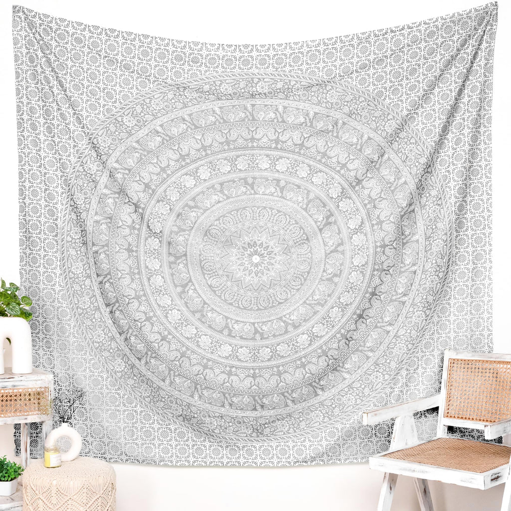 RAJRANG Mandala Wandteppich Schwarz Weiß 213 x 137 cm Baumwolle Boho Böhmischer Wandbehang für Wohnzimmer Dekor