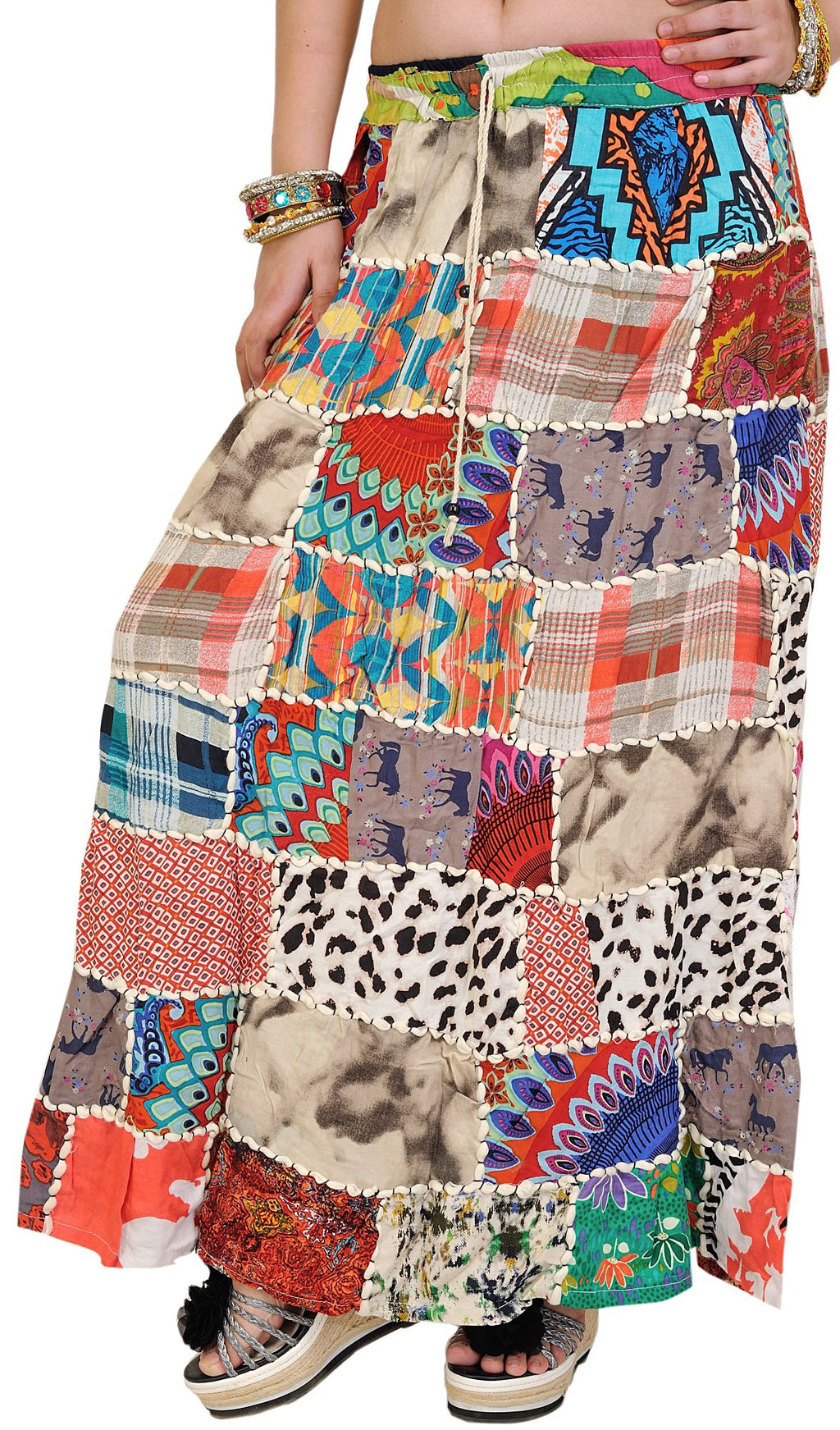 Exotic India Long Printed Dori Skirt from Gujarat with Patch Work - Rayon