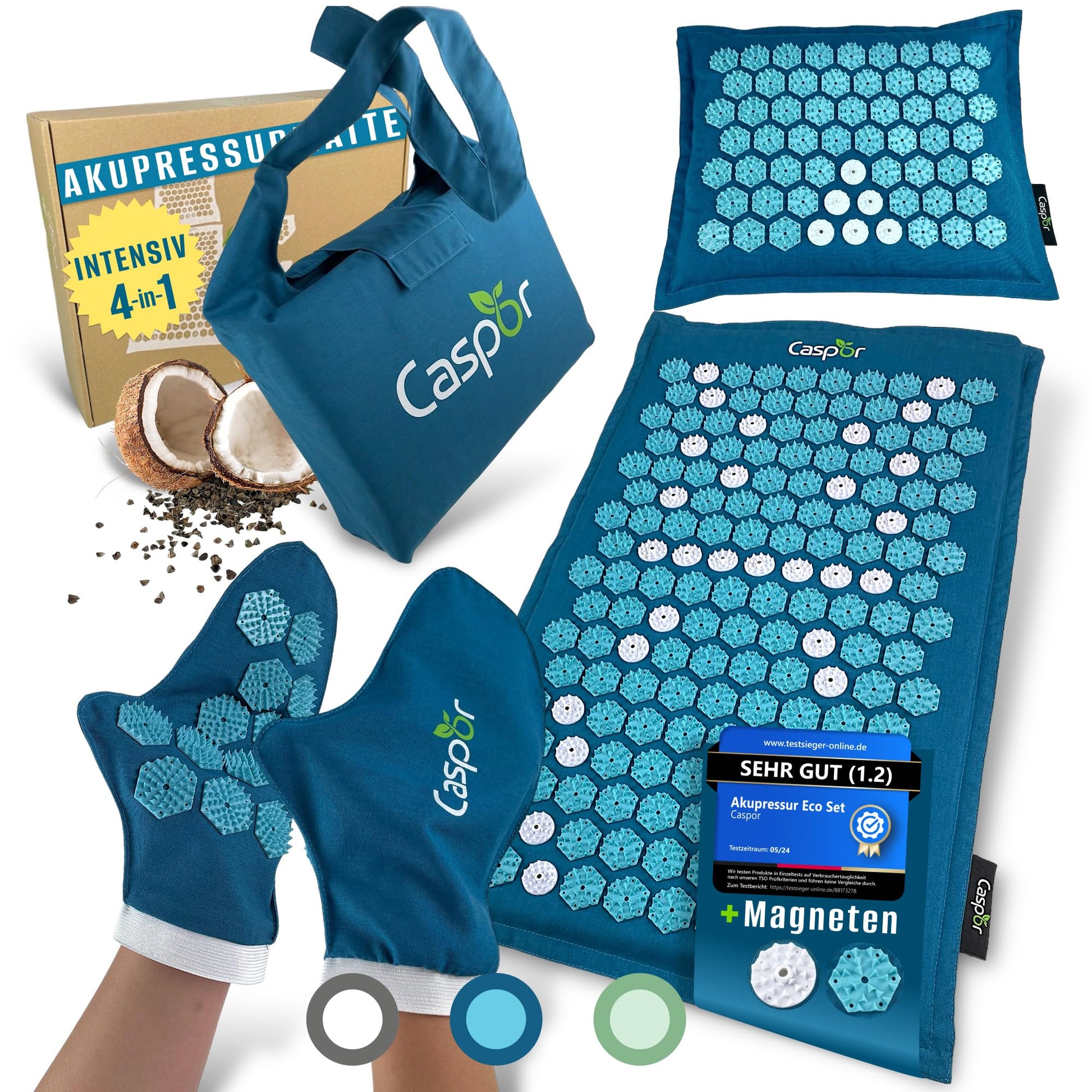 Akupressurmatte Set mit Kissen, Tasche, Massagehandschuhe, akupunktur matte, Entspannung geschenk, massagematte, akkupressmatte Hilfe bei Verspannungen, Rückenschmerzen - Caspor®