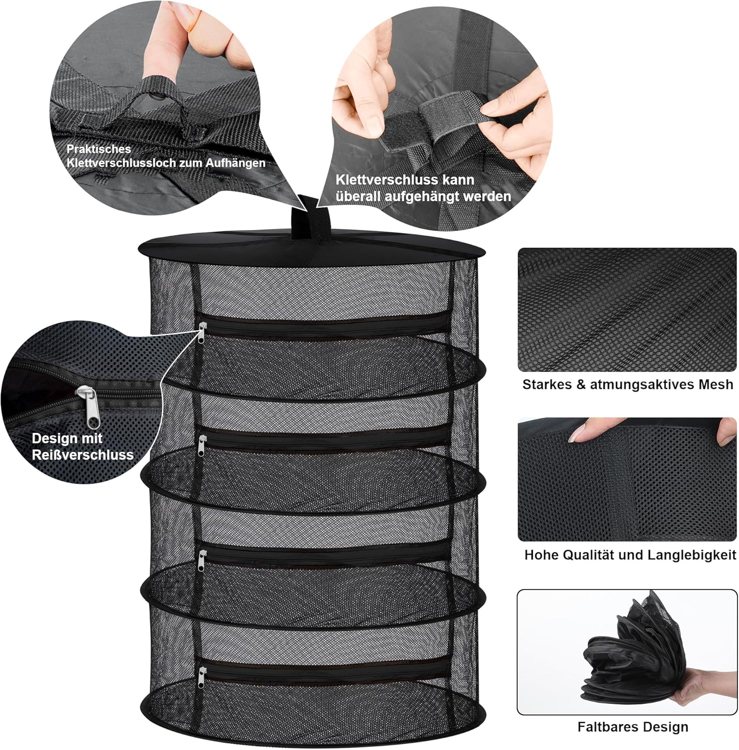 Desy & Feeci Tockennetz Kräuter 4-lagiger Hängendes Kräuter Trockengestell Trockennetz mit Reißverschlüssen, Schwarz, 60x80cm