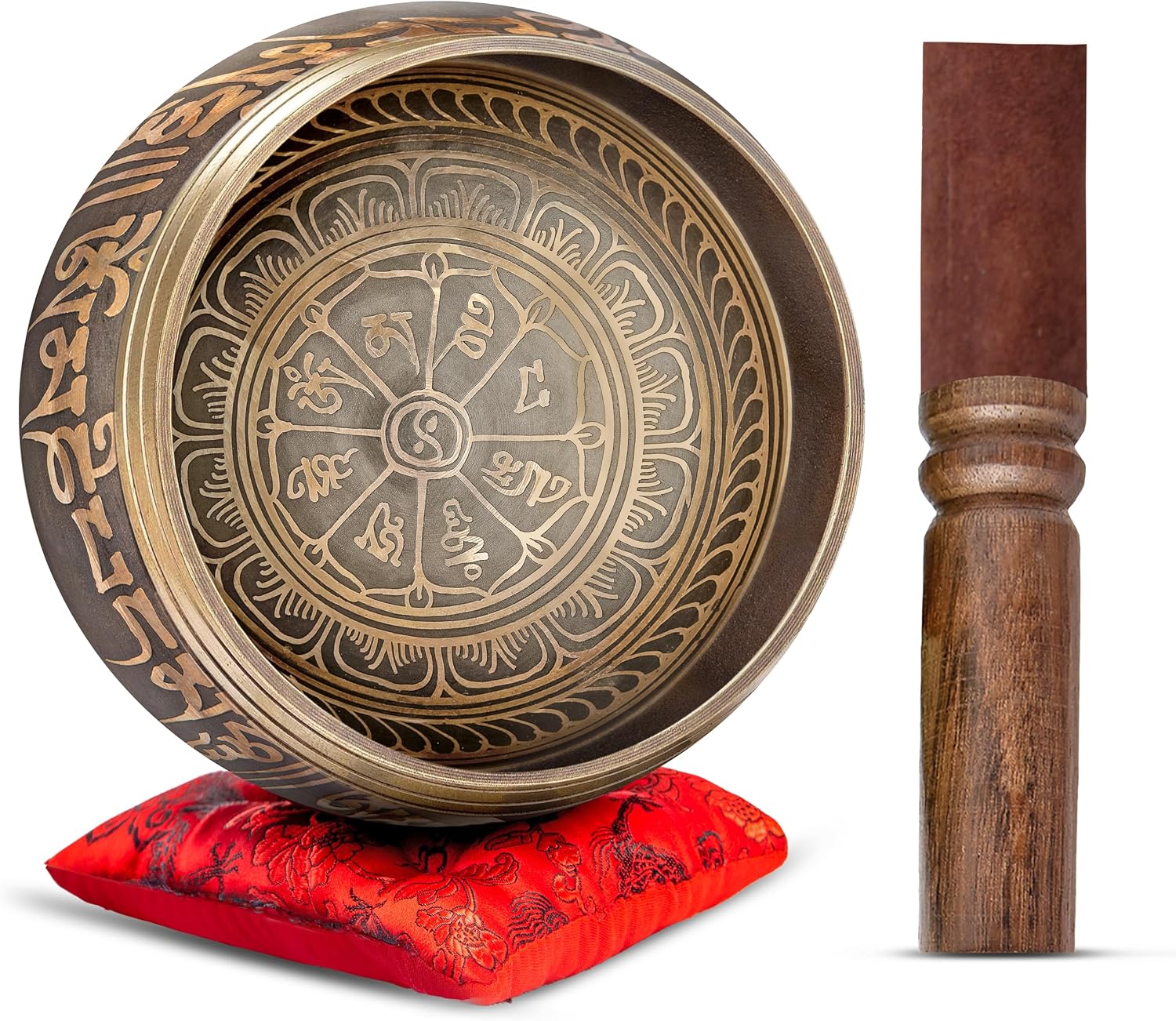 Premium Tibetan Singing Bowl Set – Handmade in Nepal Sound & Meditation Bowl – Spiritual Decor for Yoga, Wellness Spaces & Relaxation by Himalayan Bazaar (Brown & Red)