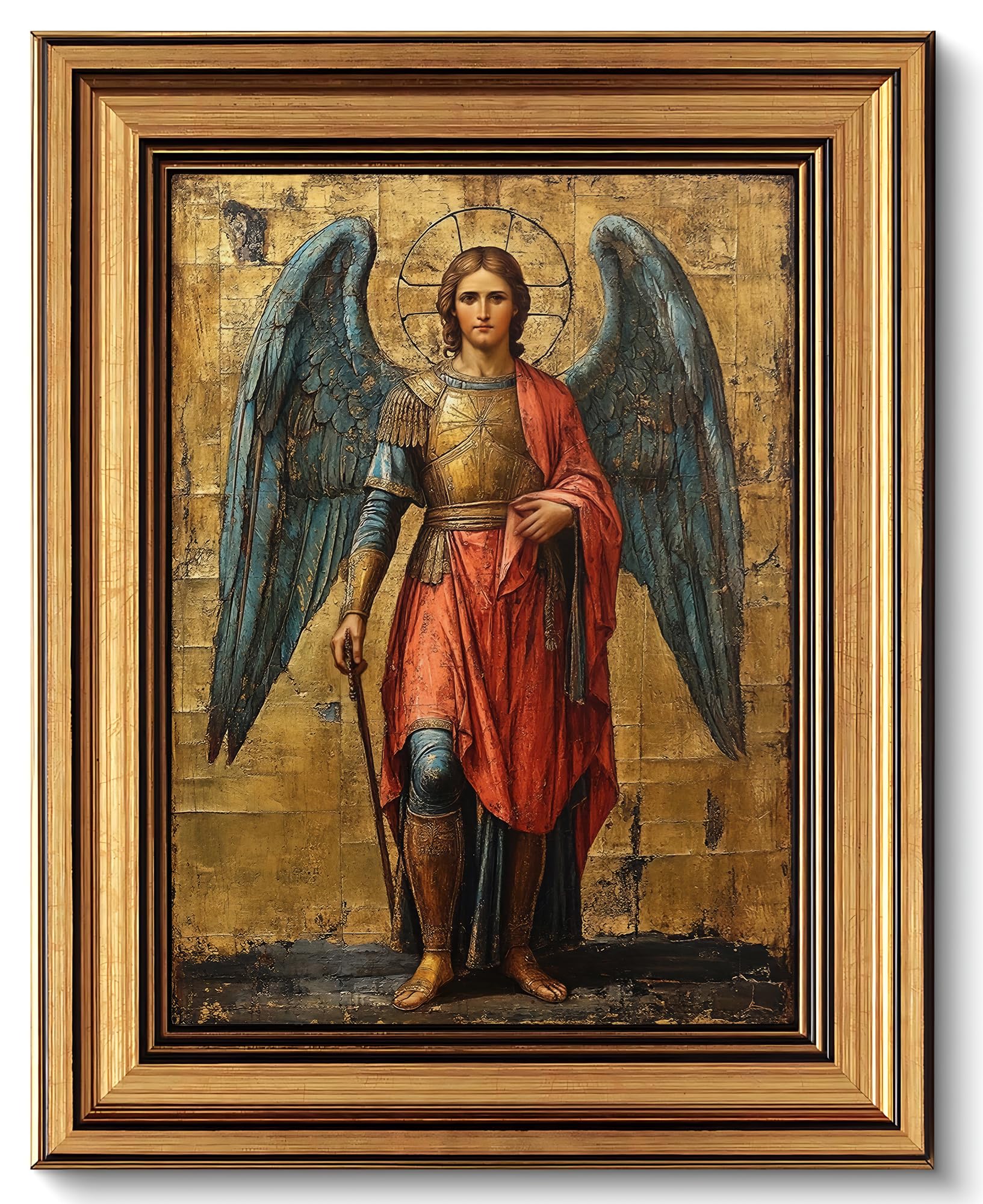 Gold Framed Archangel Michael Canvas Wall Art Vintage Framed Christian Christianity Painting Picture Wall Decor Catholic Saints Poster Print Artwork for Prayer Room Church Home Decoration 9inx11in