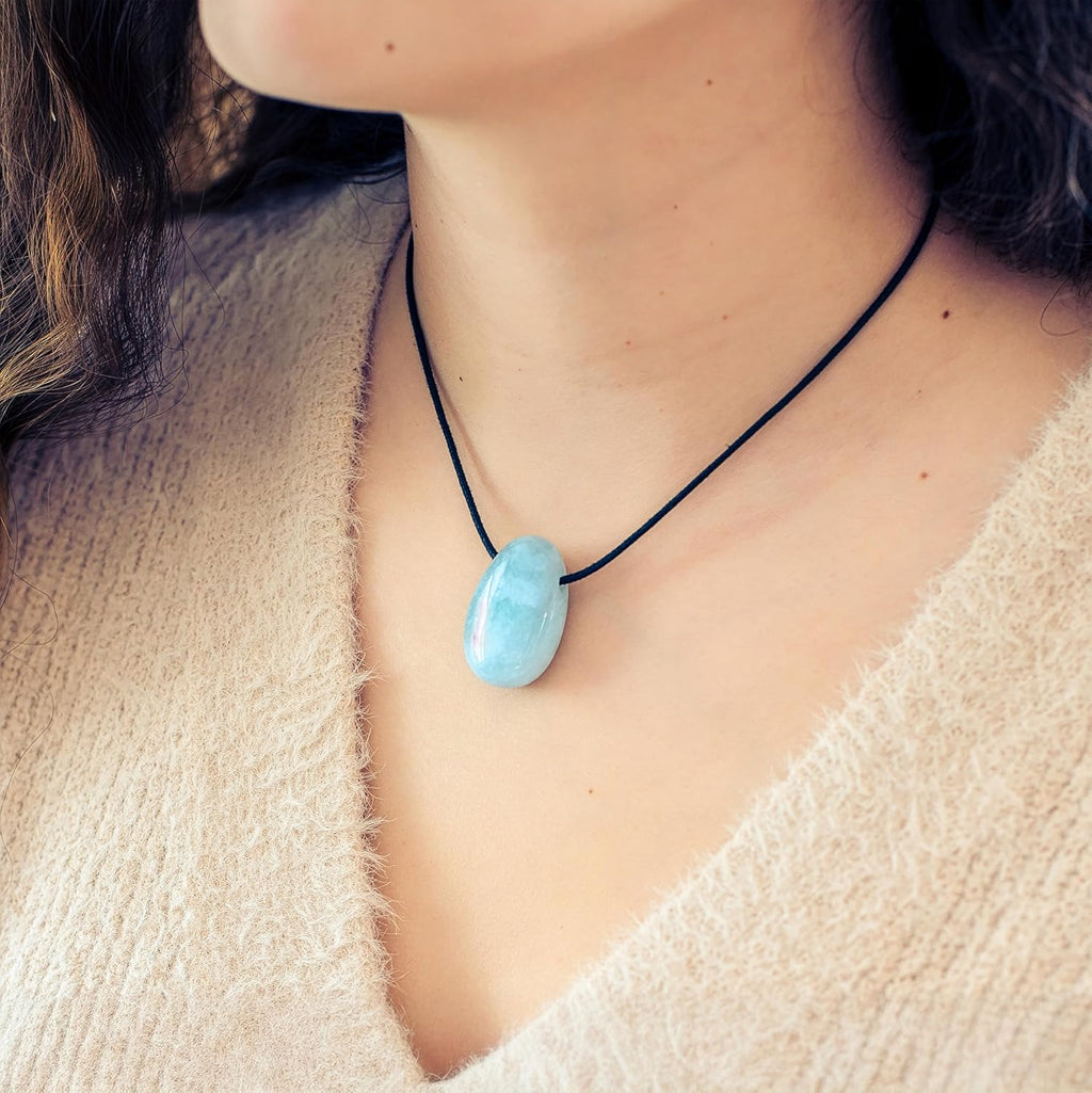 Lebensquelle Plus Aquamarine Teardrop Pendant | Drilled Tumbled Stone Pendant with Cotton Cord | High-Quality Gemstone Pendant