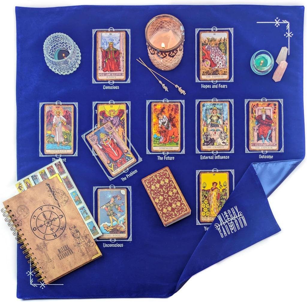 Tarot Divination Table Cloth for Reading and Altar Cloth Moon Alter, Cloth Witchy Embroidery Velvet Silk Touch Satin Celtic Cross (Blue)