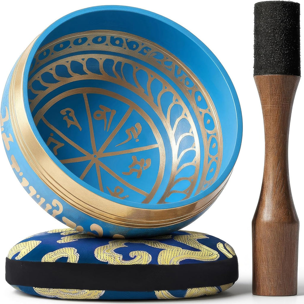Silent Mind tibetische Klangschale Set ~ Blaue Design ~ mit hochwertigem Holz Klöppel und Himalaya Kissen ~ perfektes zur Yoga Meditation, Entspannung und Achtsamkeit ~ das ideale Geschenkset