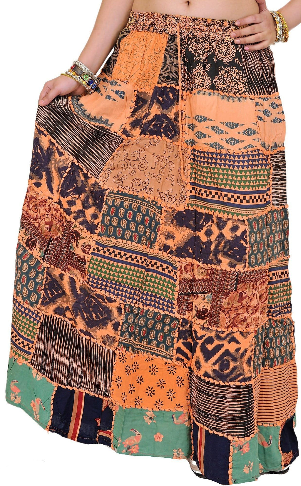 Exotic India Long Printed Dori Skirt from Gujarat with Patch Work - Rayon